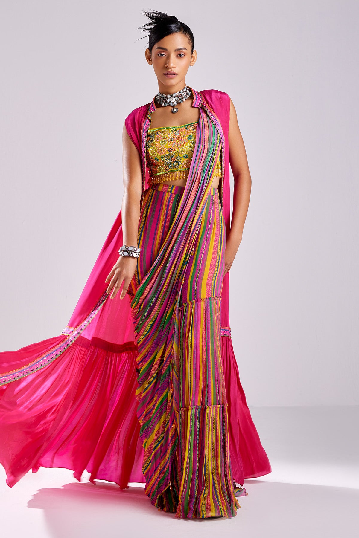 Pink Print & Embroidered Cape Saree Set