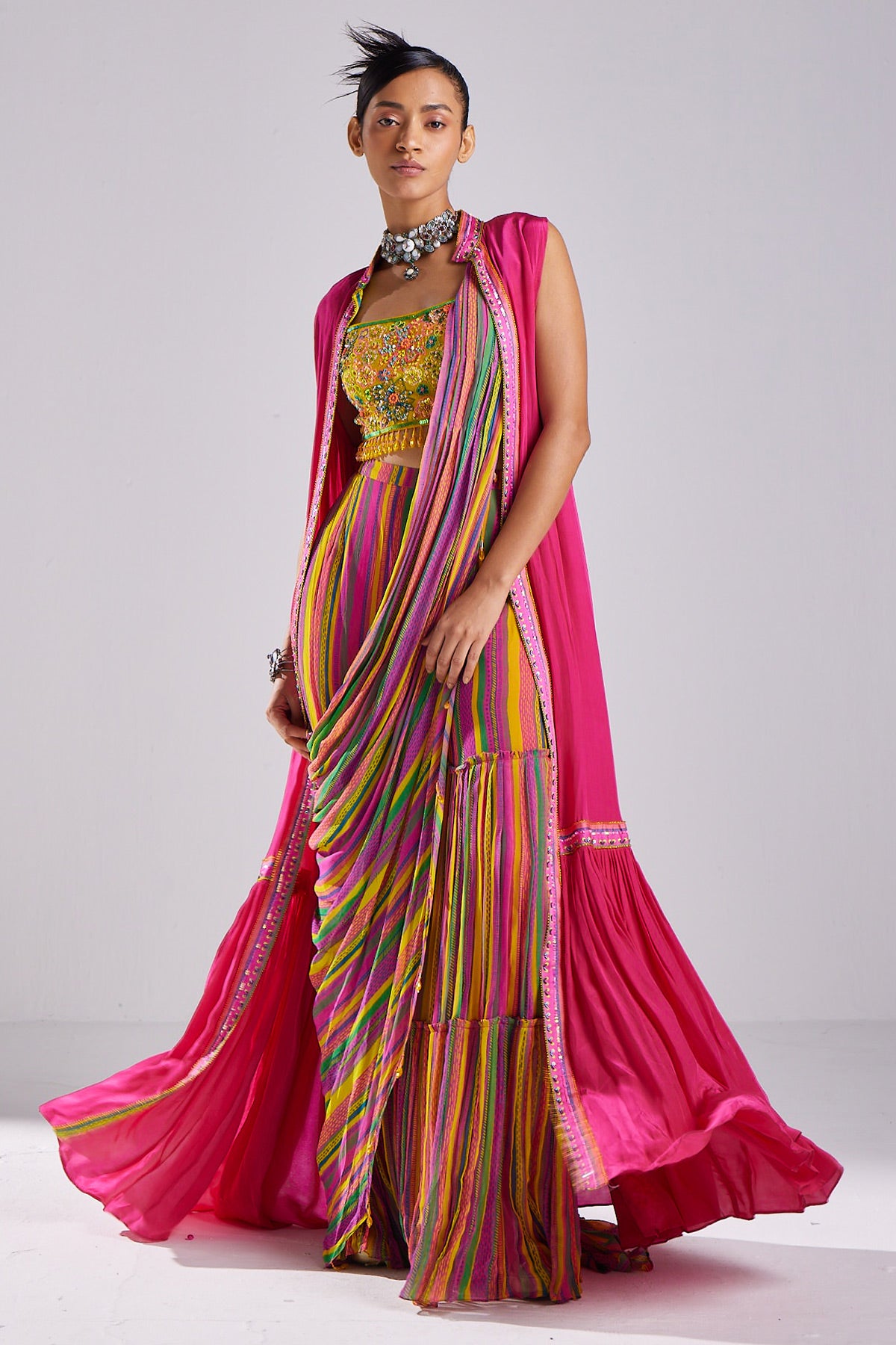 Pink Print & Embroidered Cape Saree Set