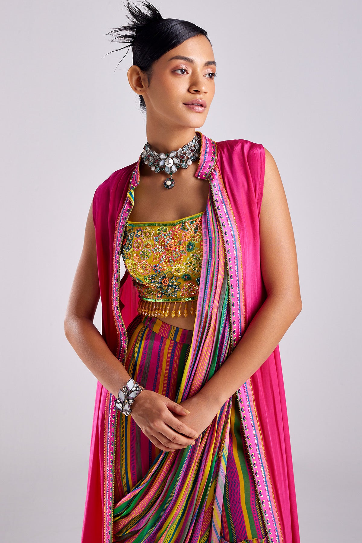 Pink Print & Embroidered Cape Saree Set