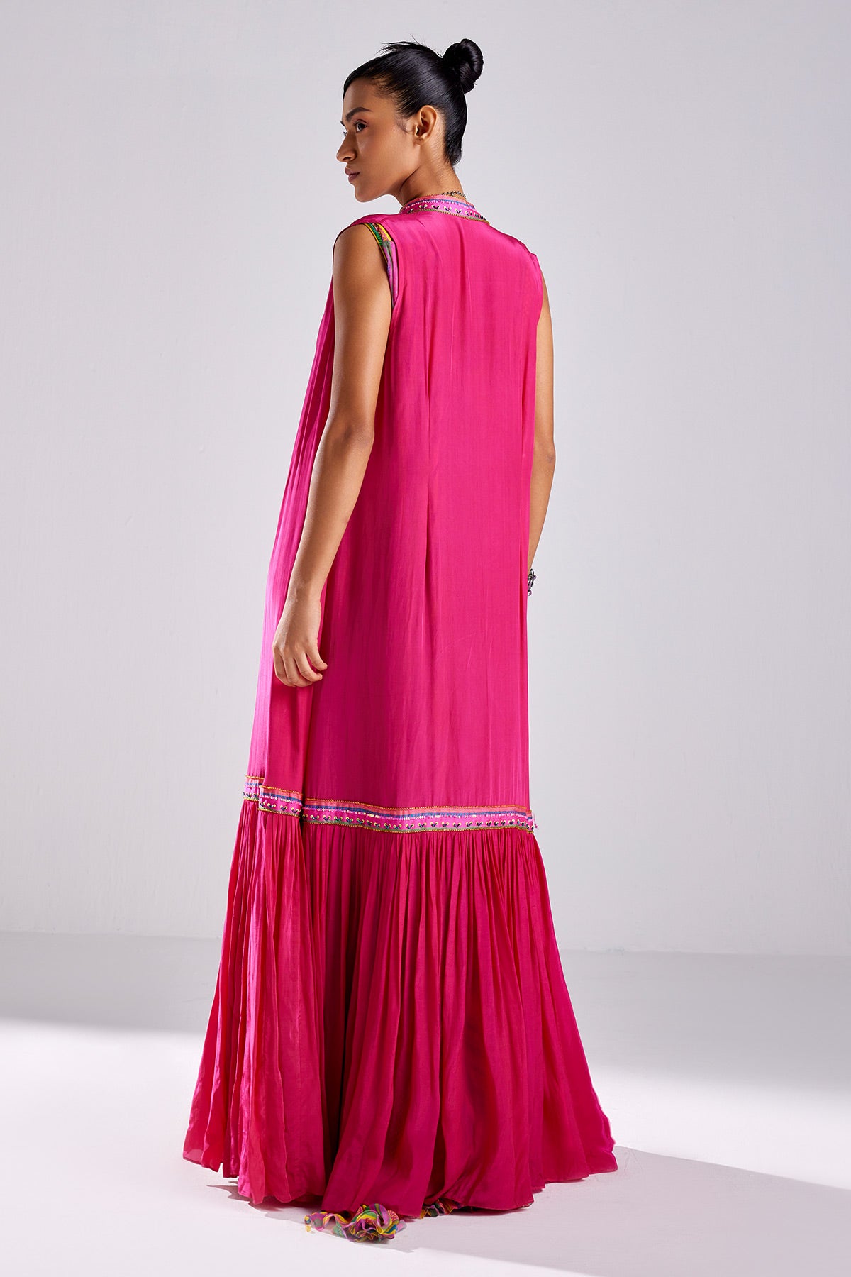 Pink Print & Embroidered Cape Saree Set