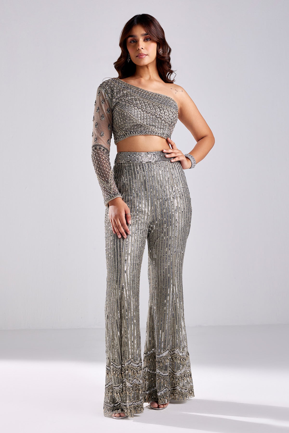 Grey Embroidered Crop Top & Pants Set