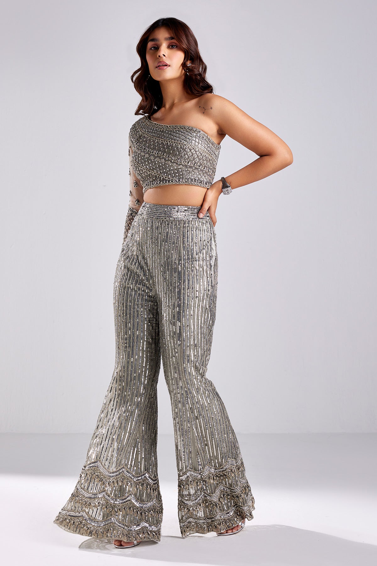 Grey Embroidered Crop Top & Pants Set