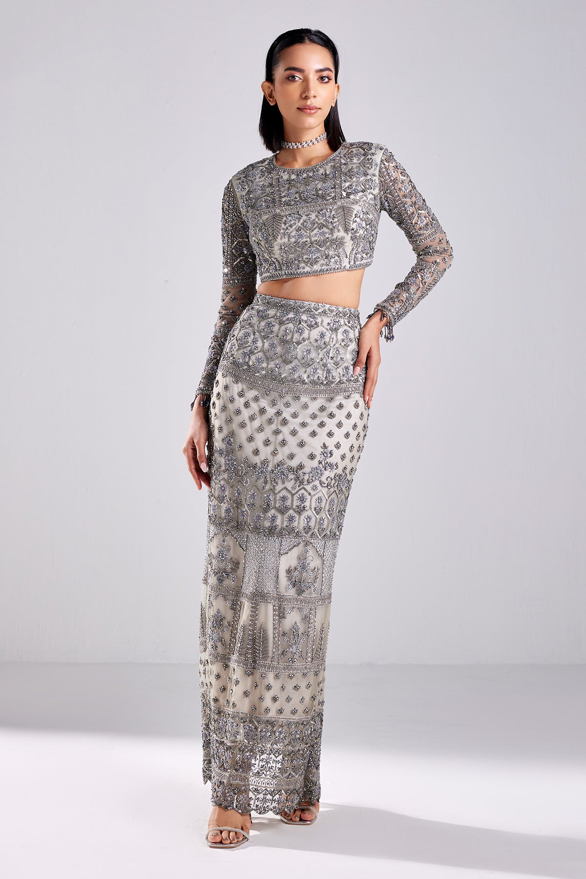 Embroidered crop top and skirt