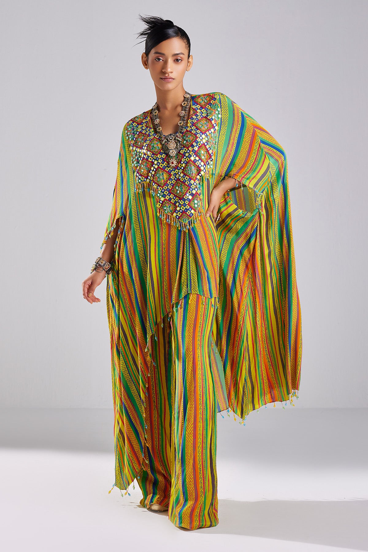 Yellow Print & Embroidered Kaftan Set