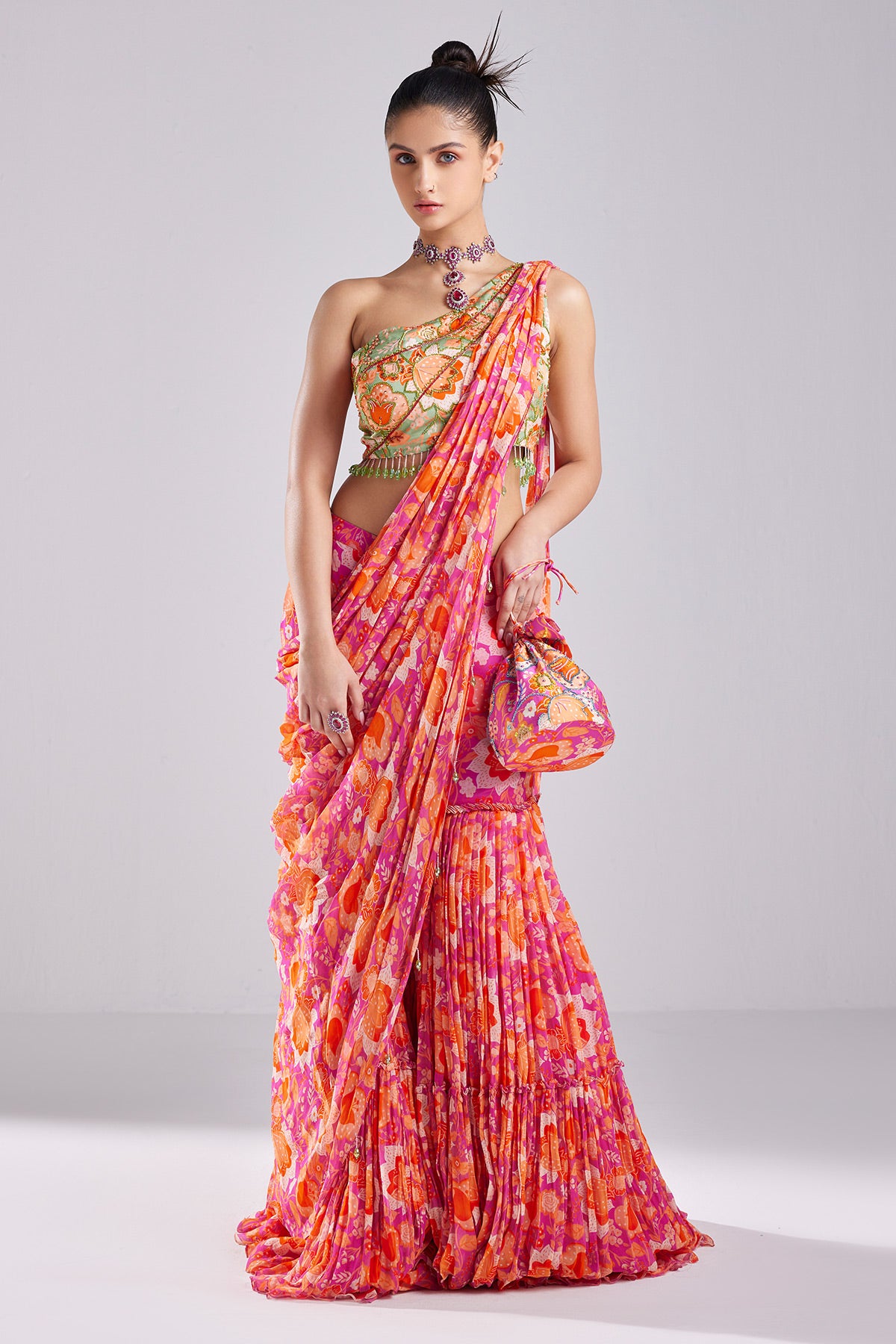 Fuschia Print & Embroidered Saree Set