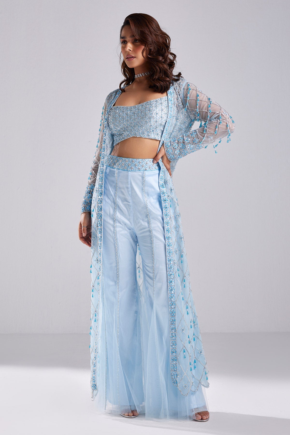 Powder Blue Embroidered Jacket Set - RTS