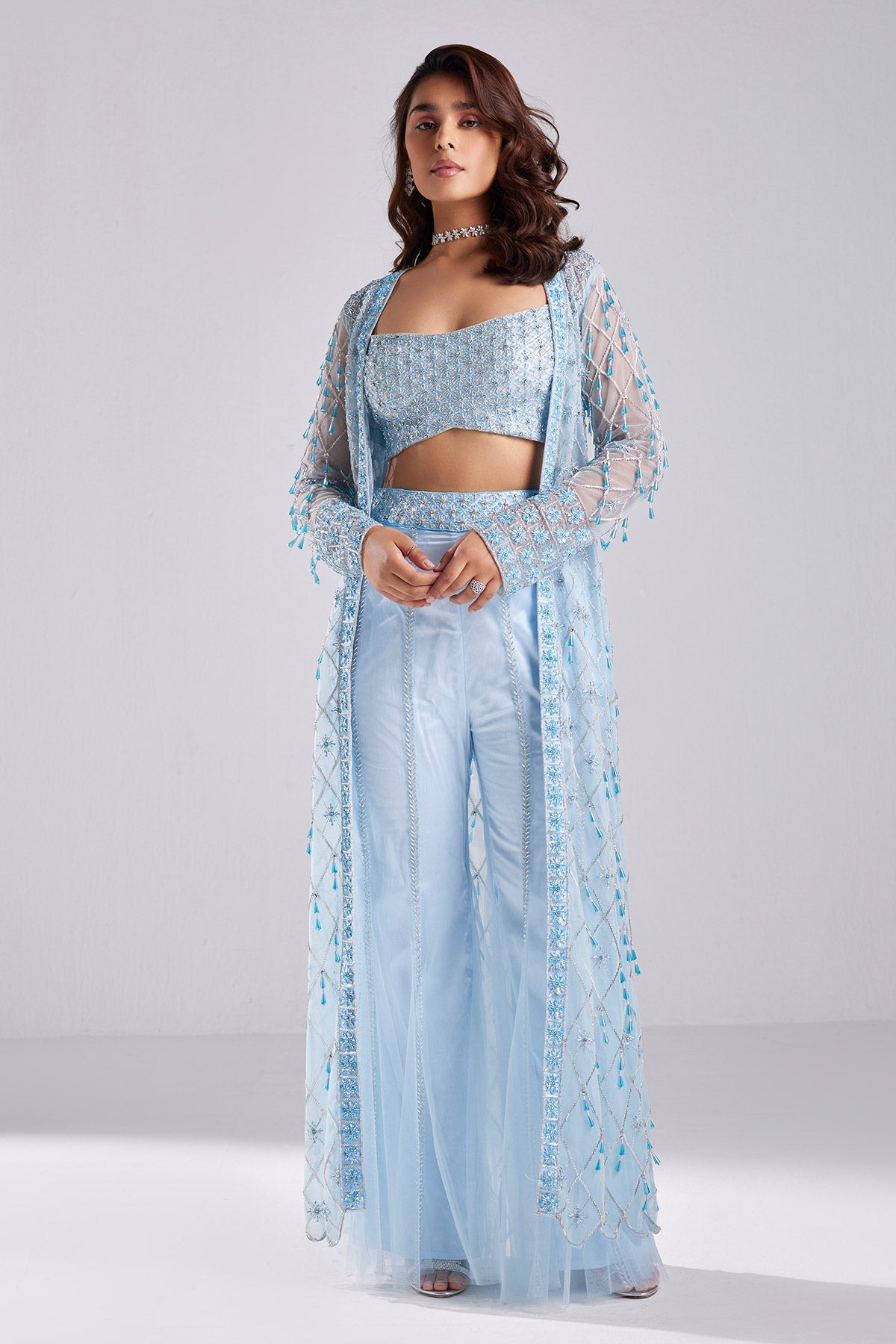Powder Blue Embroidered Jacket Set - RTS