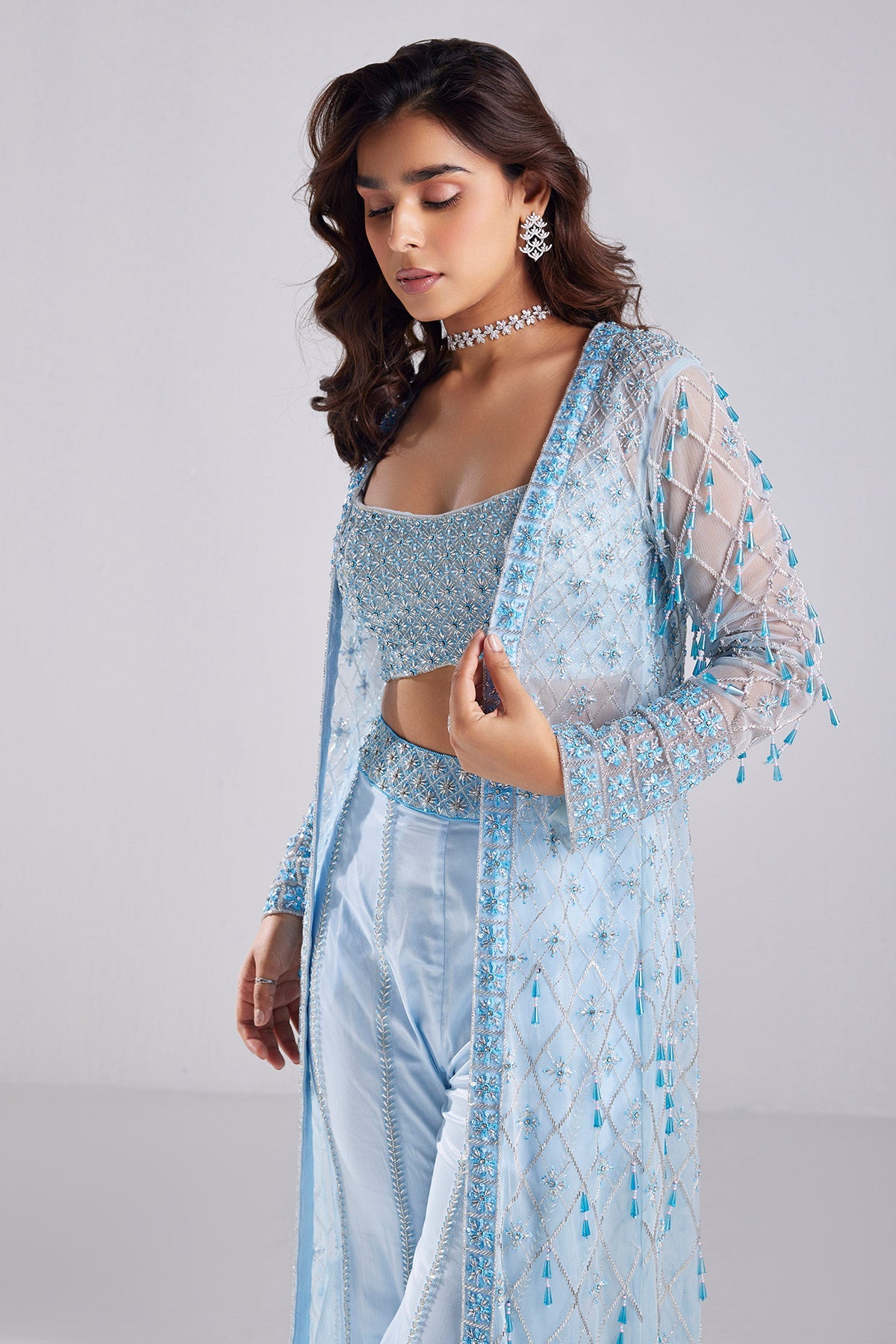 Powder Blue Embroidered Jacket Set - RTS