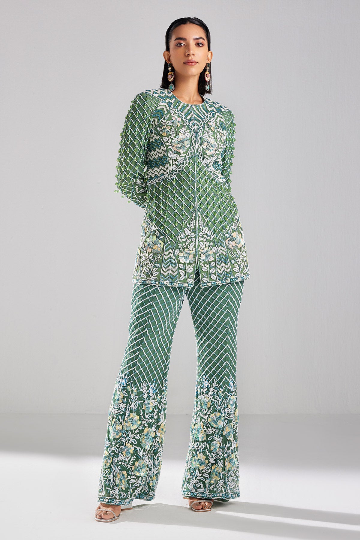 Sage Green Embroidered Blazer Set