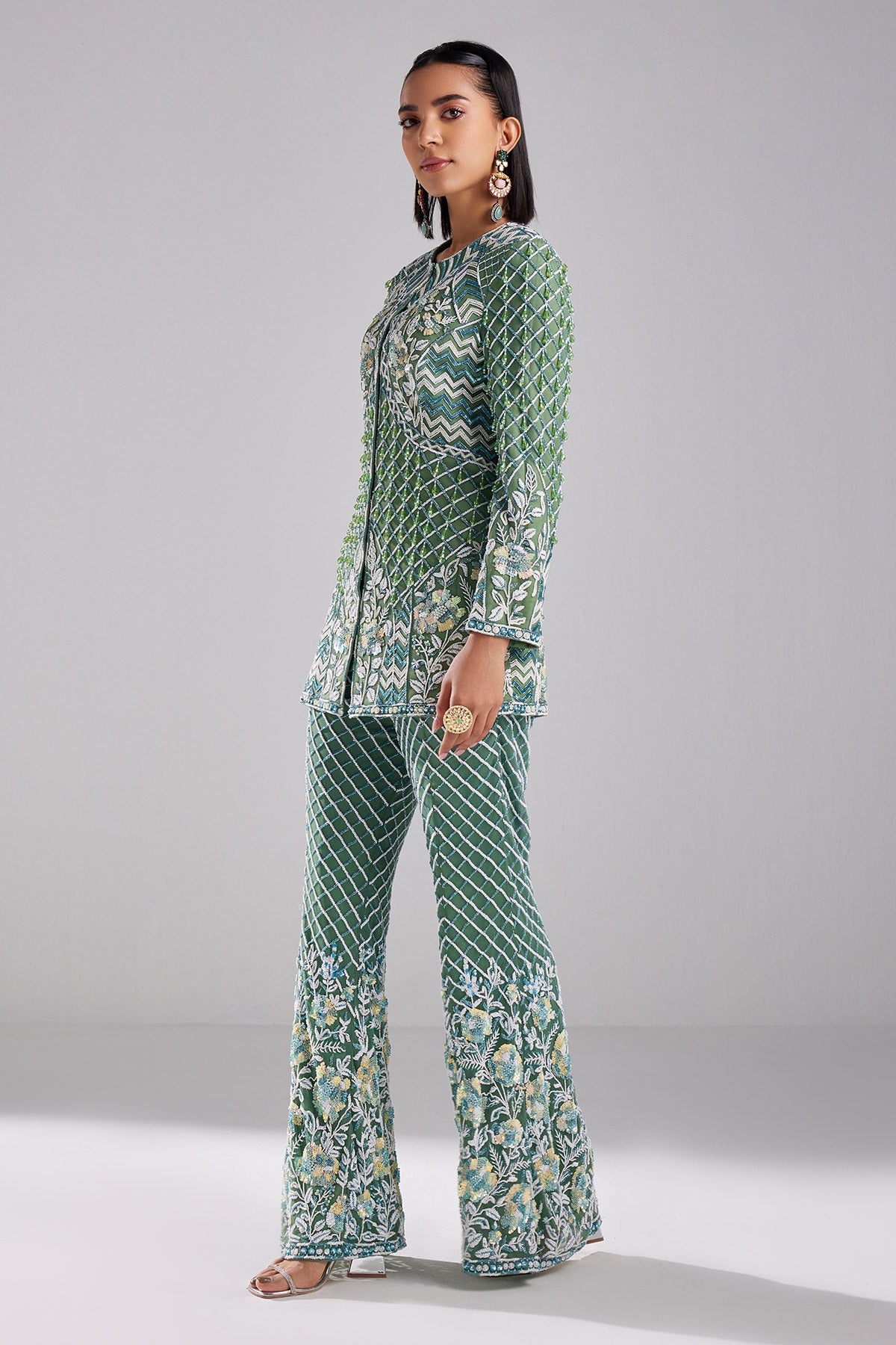 Sage Green Embroidered Blazer Set