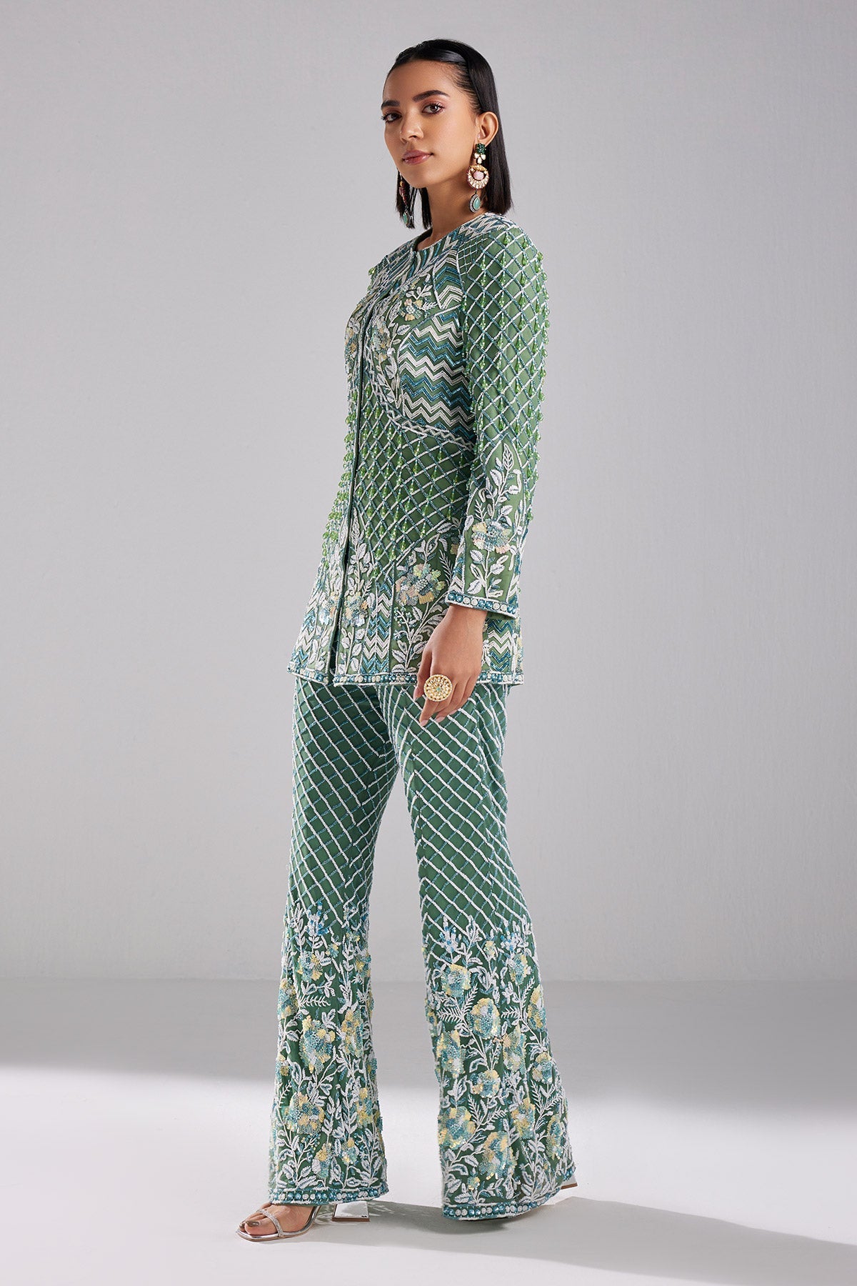 Sage Green Embroidered Blazer Set - RTS