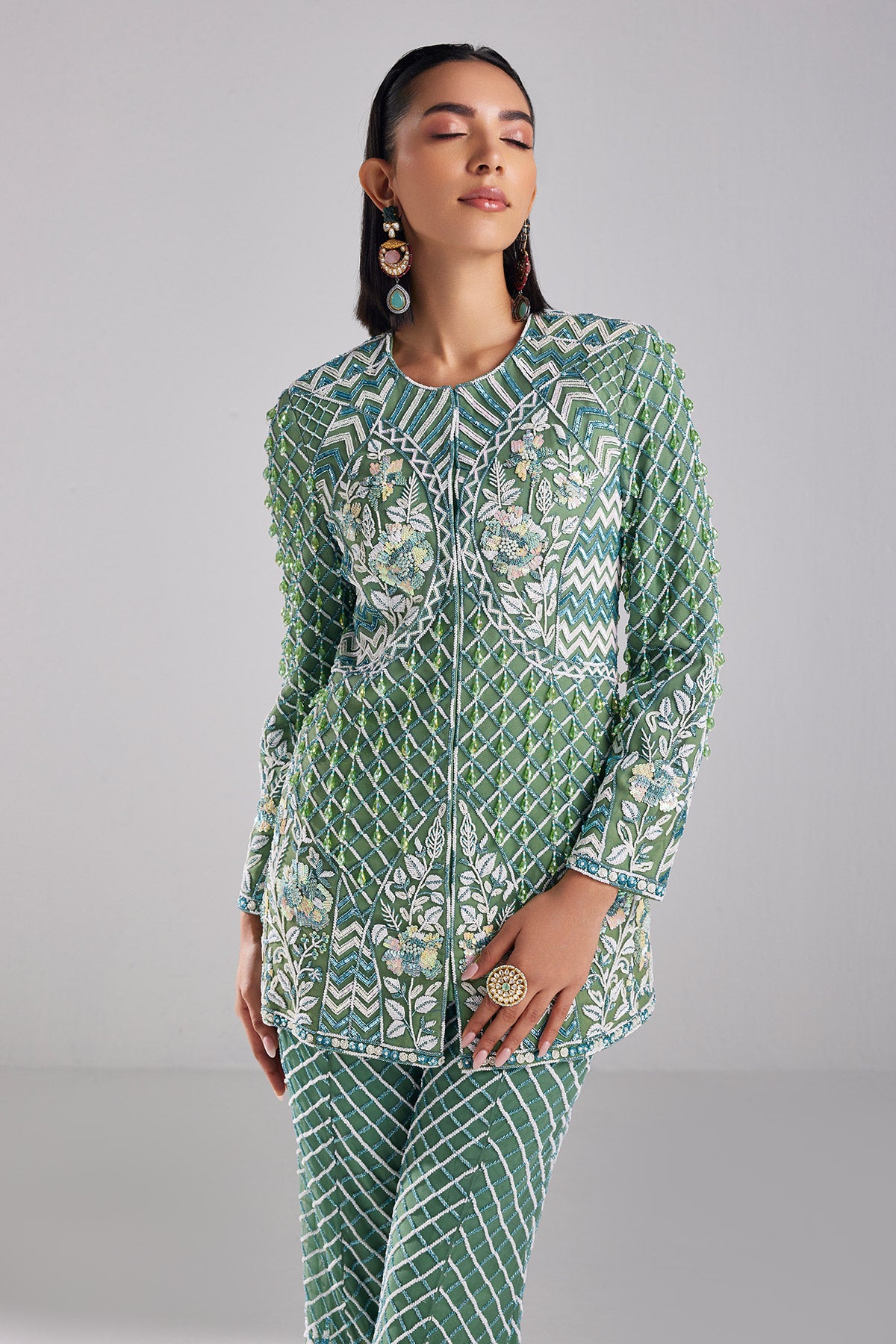 Sage Green Embroidered Blazer Set