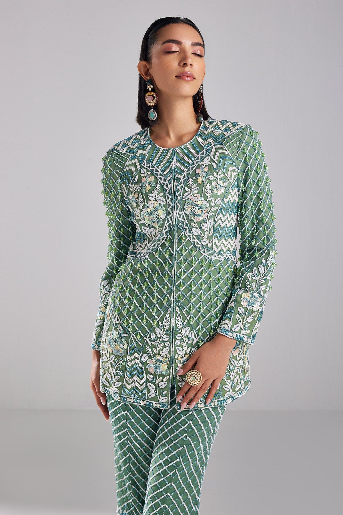 Sage Green Embroidered Blazer Set - RTS