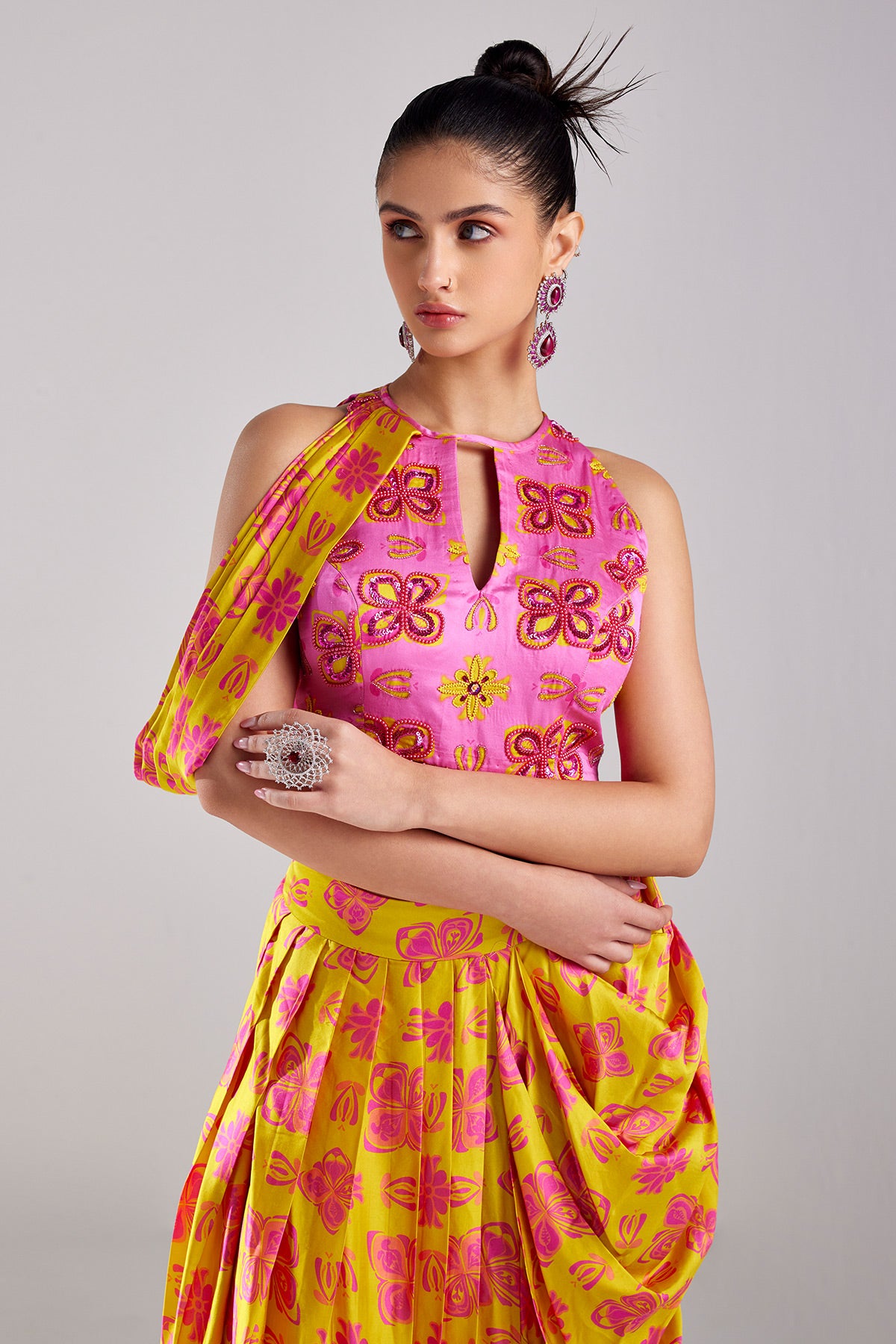 Fuschia Pink  Print & Embroidered Crop Top Skirt Set