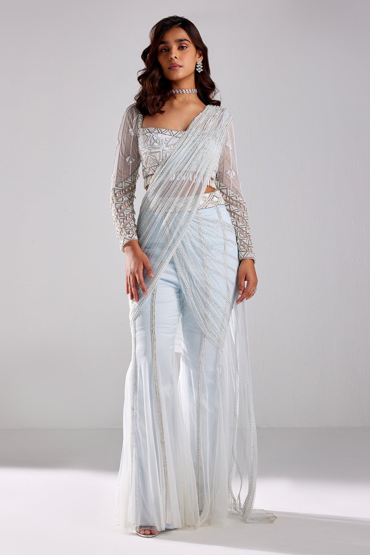 Ice Blue With Silver & White Embroidered Saree Set