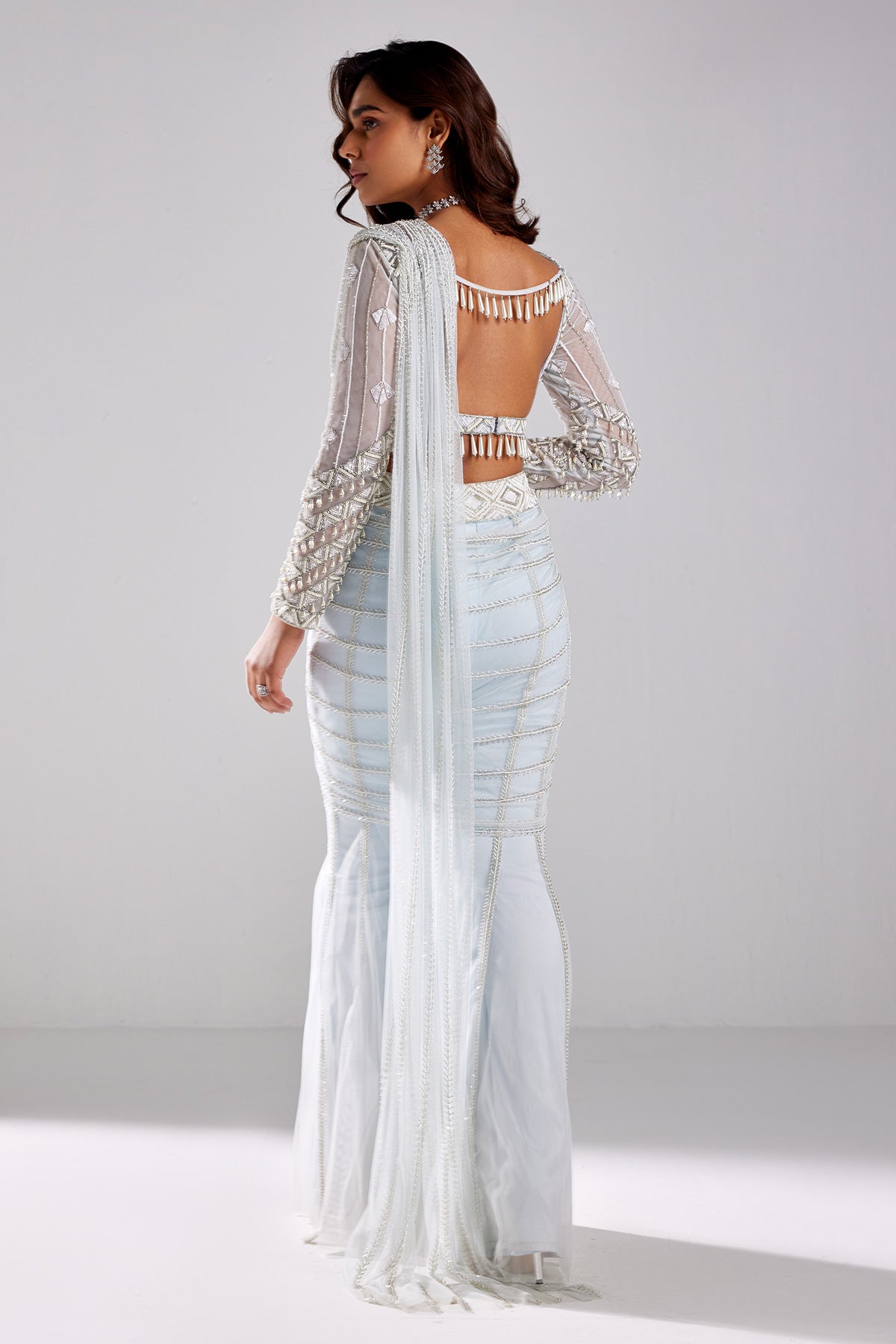 Ice Blue With Silver & White Embroidered Saree Set - RTS