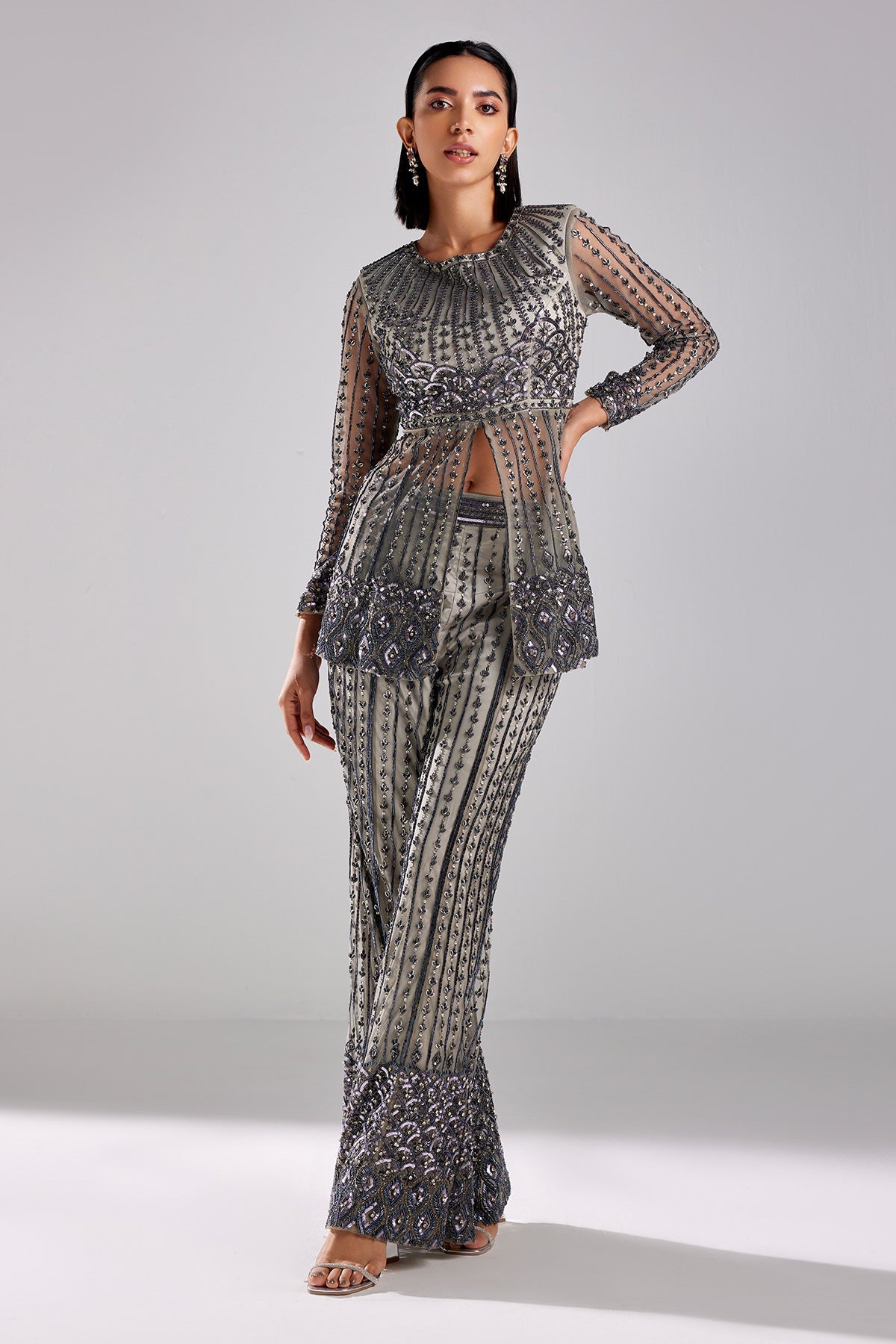 Grey Embroidered Peplum Set - RTS
