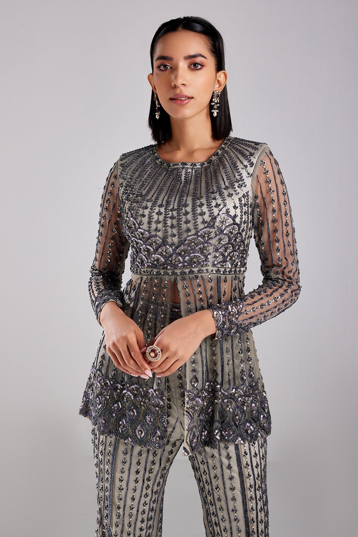 Grey Embroidered Peplum Set - RTS