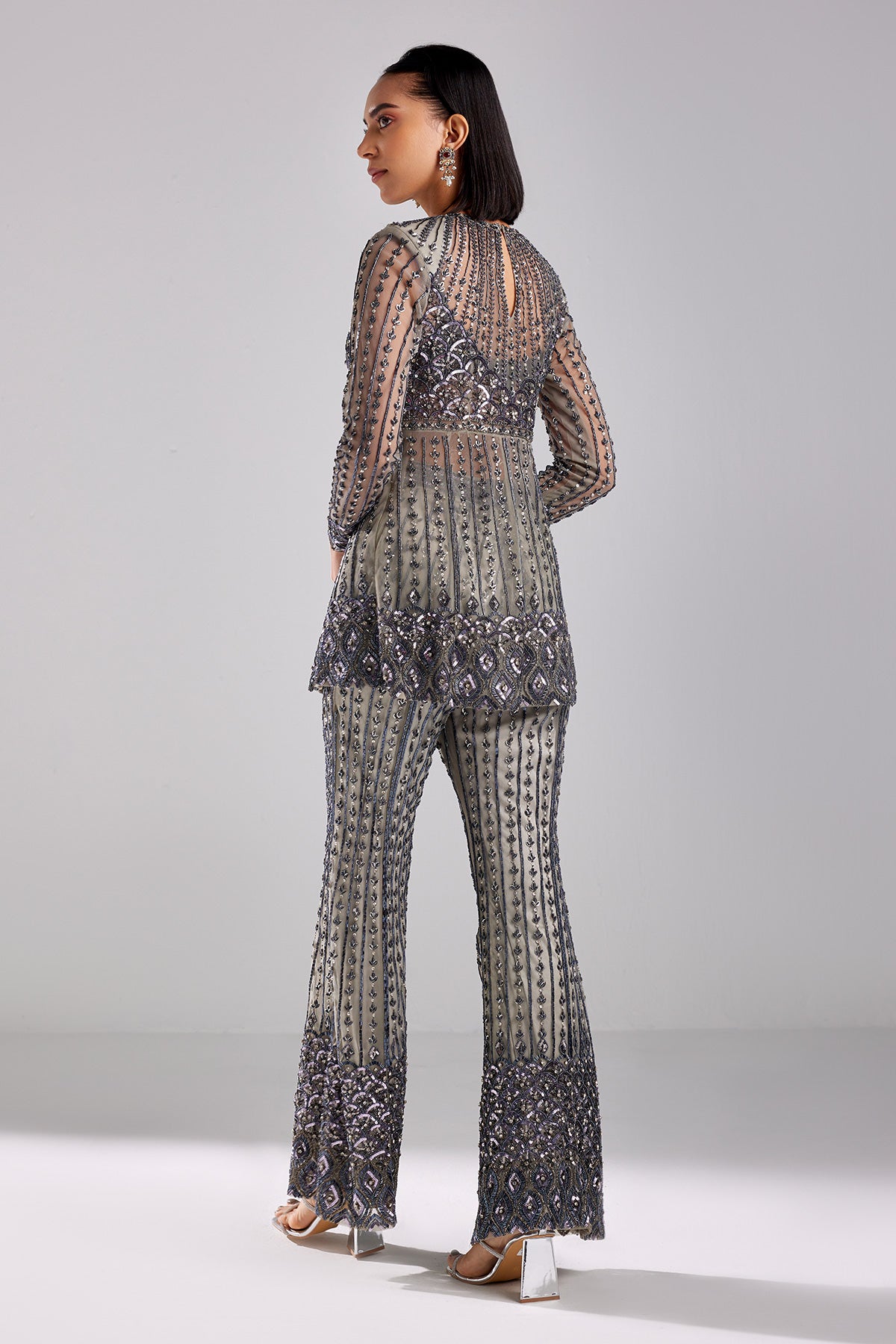 Grey Embroidered Peplum Set