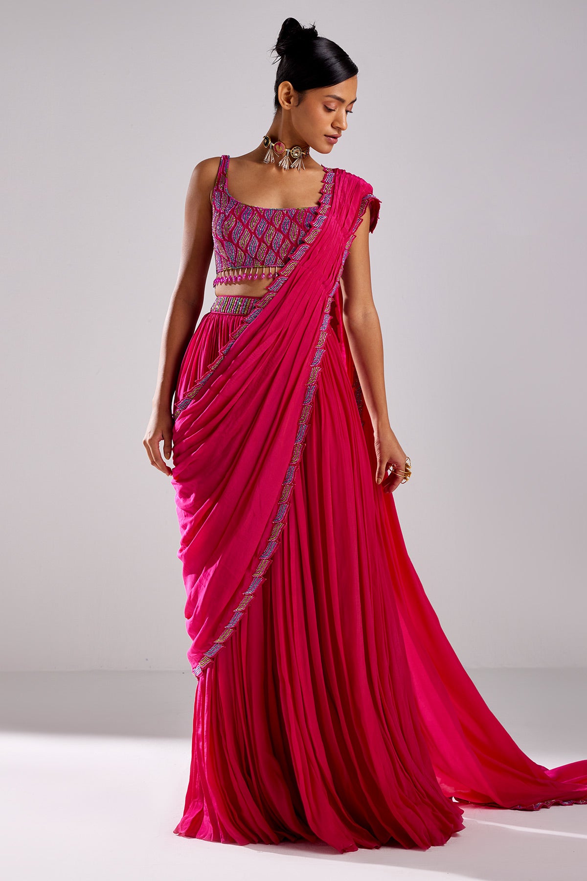 Fuschia Pink Embroidered Saree Set