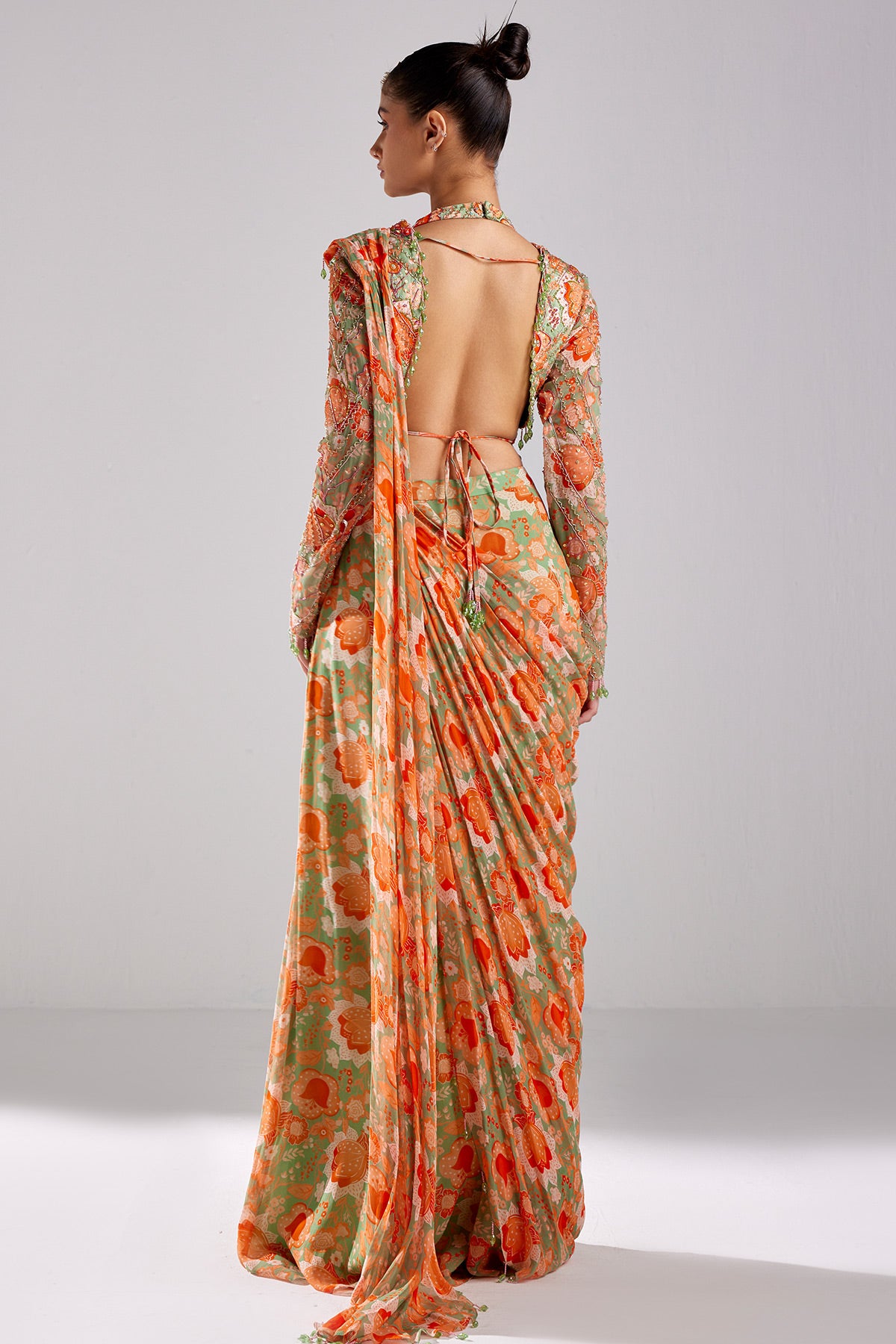 Mint Green Print & Embroidered Saree Set