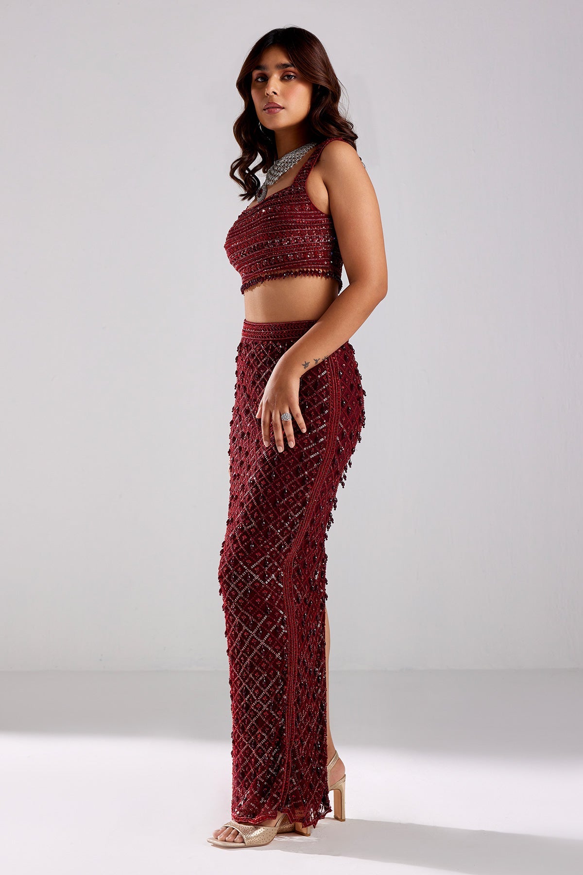 Marsala Red Embroidered Crop Top-skirt Set - RTS