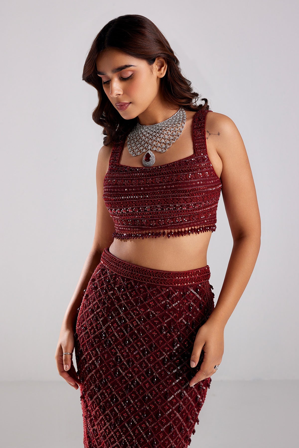 Marsala Red Embroidered Crop Top-skirt Set - RTS
