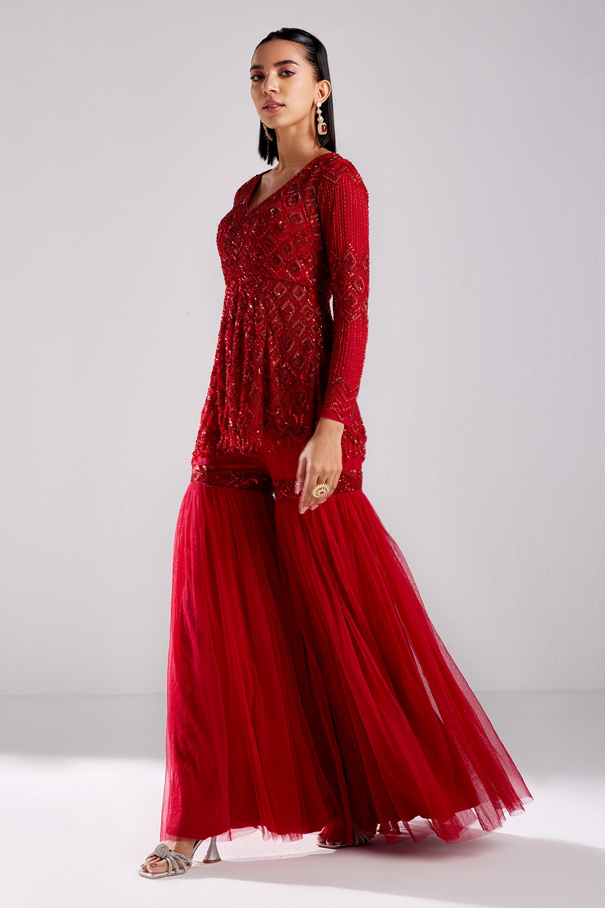 Crimson Red Emberoidered Peplum Set