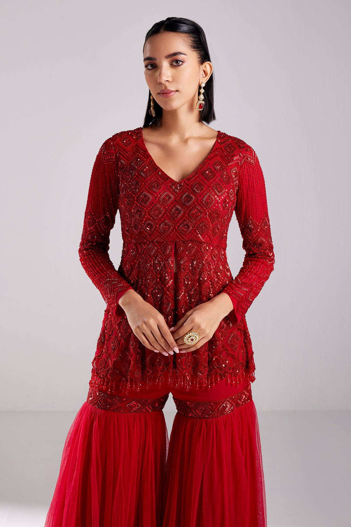 Crimson Red Emberoidered Peplum Set