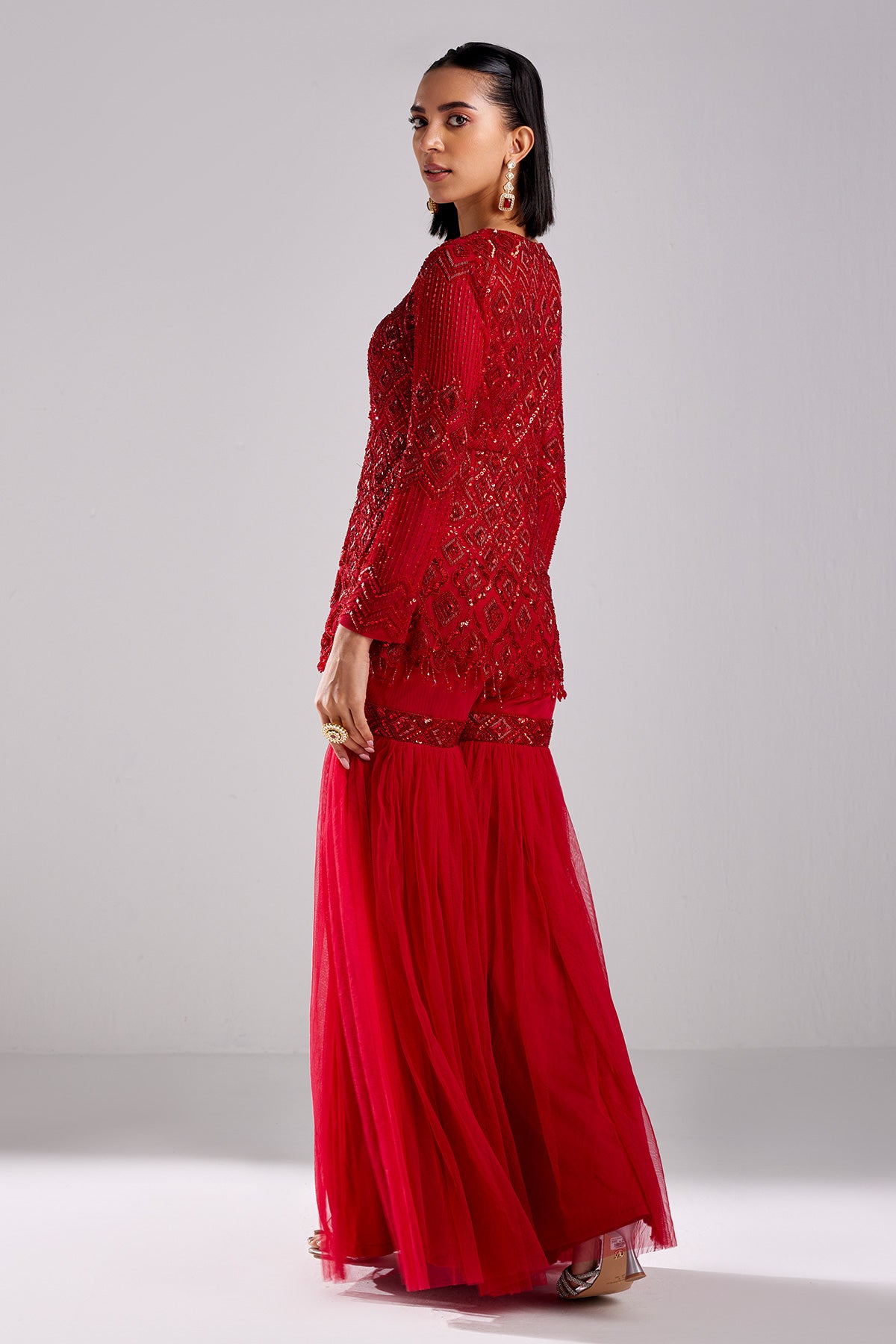 Crimson Red Emberoidered Peplum Set