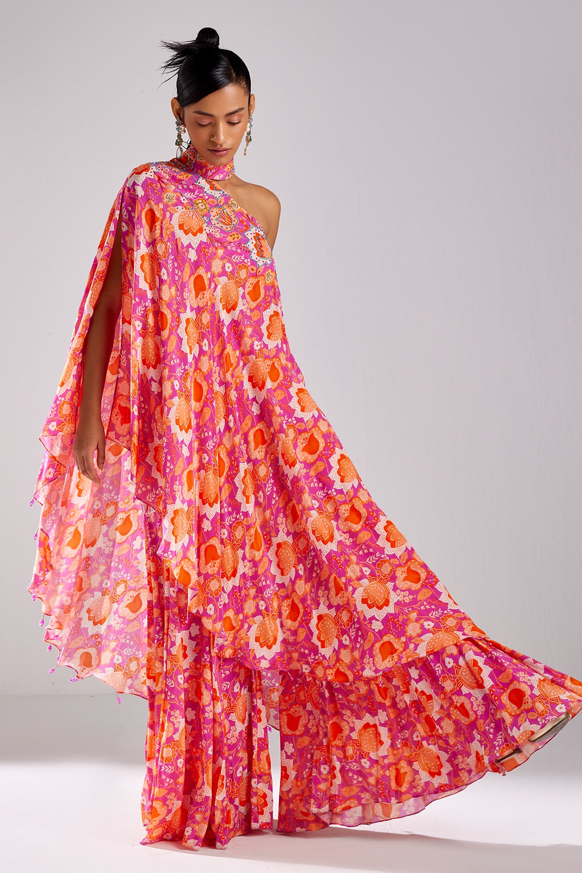 Fuschia Pink Print & Embroidered Kaftan Set