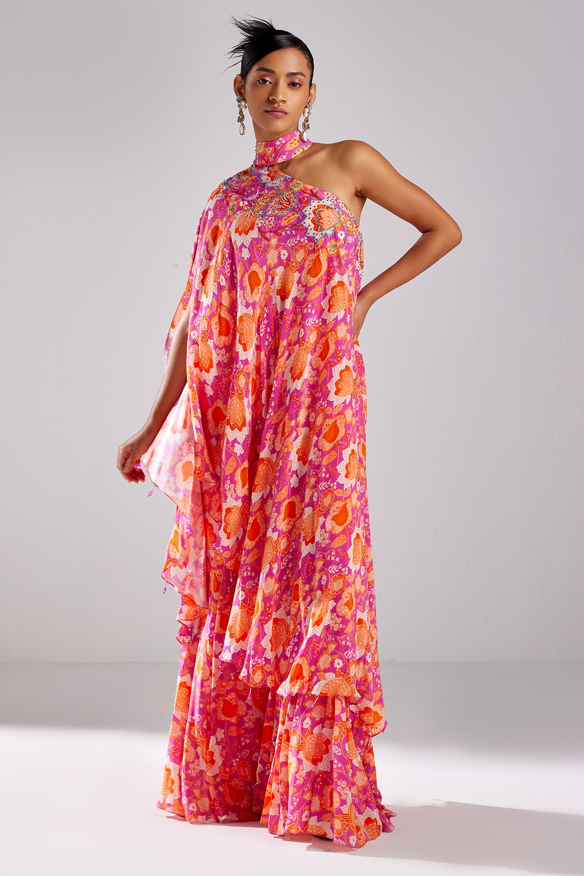 Fuschia Pink Print & Embroidered Kaftan Set