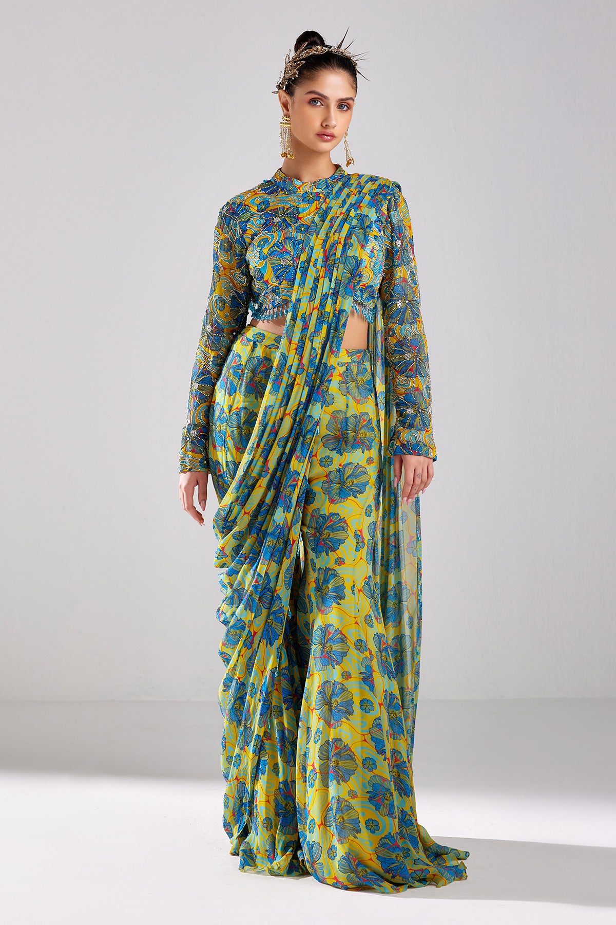 Blue Print & Embroidered Saree Set