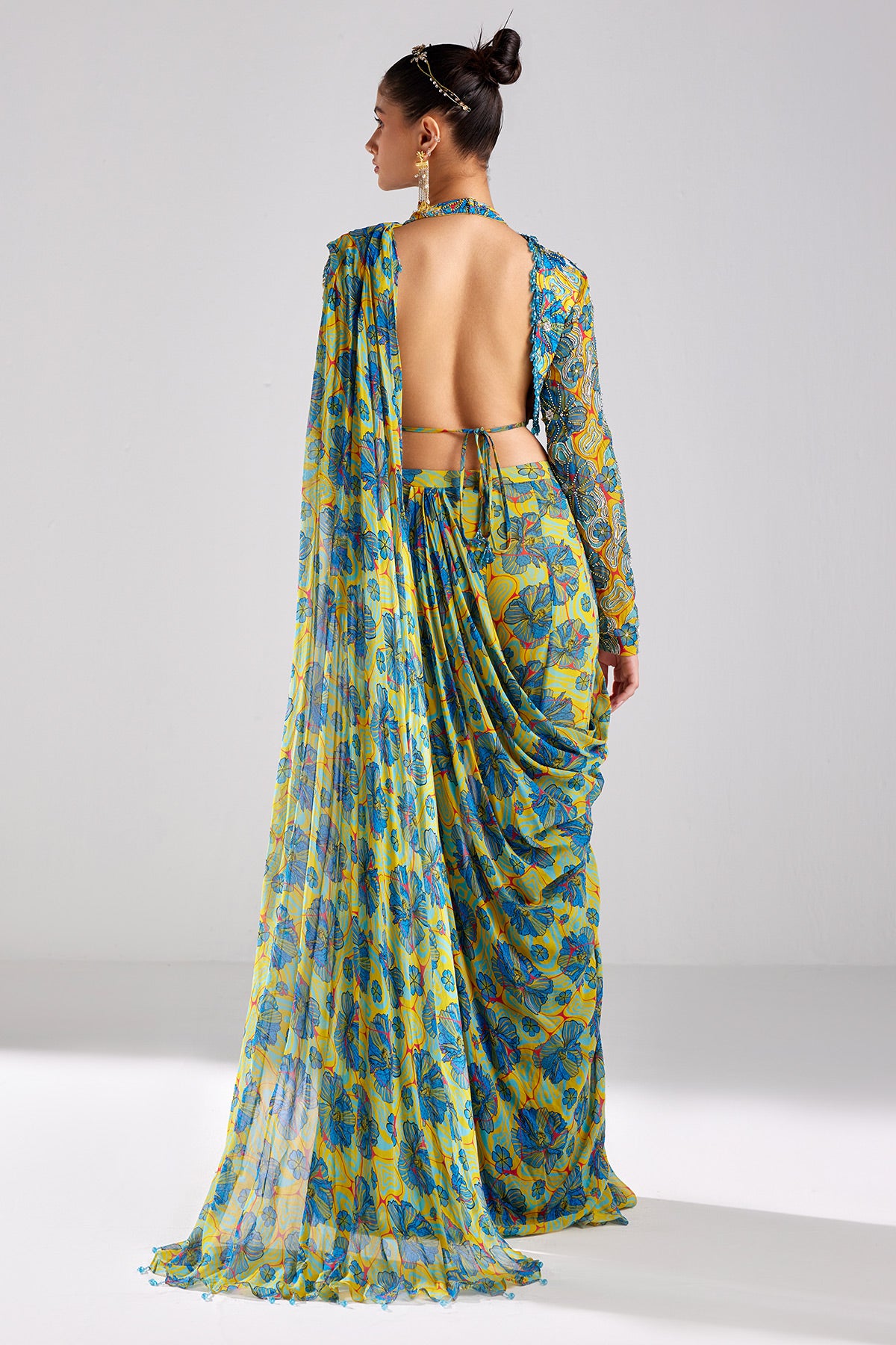 Blue Print & Embroidered Saree Set