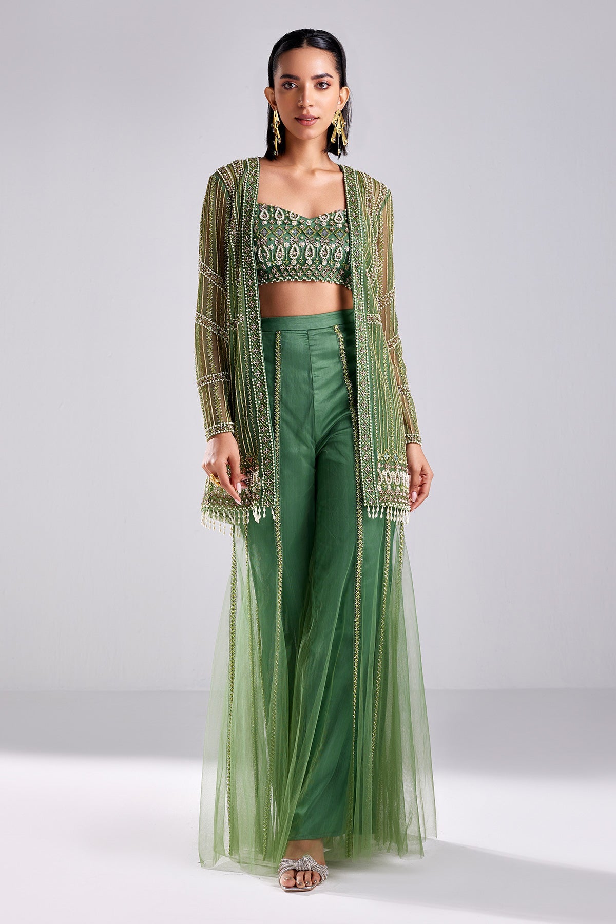 Sage Green Embroidered Jacket Set - RTS