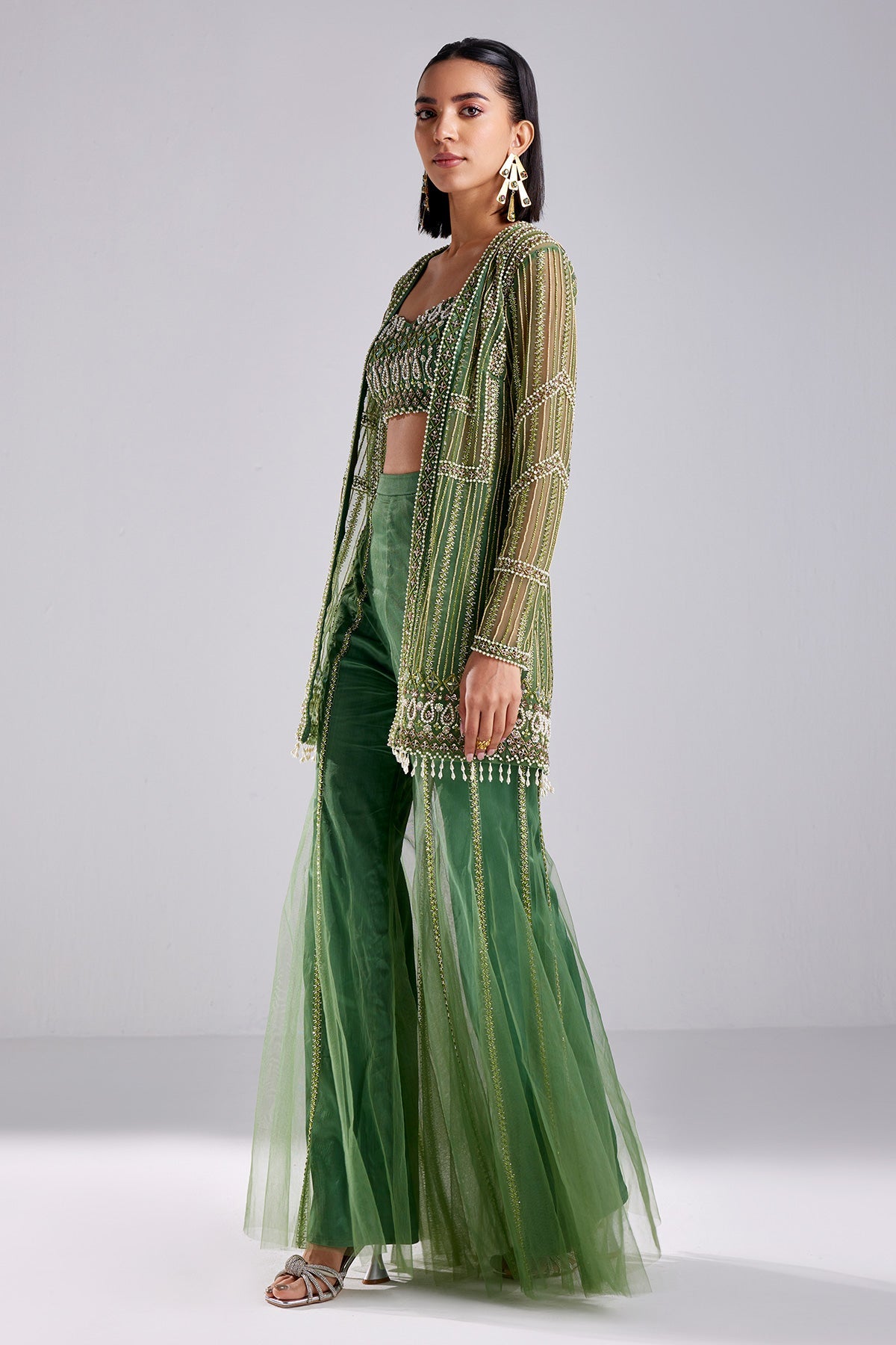 Sage Green Embroidered Jacket Set - RTS