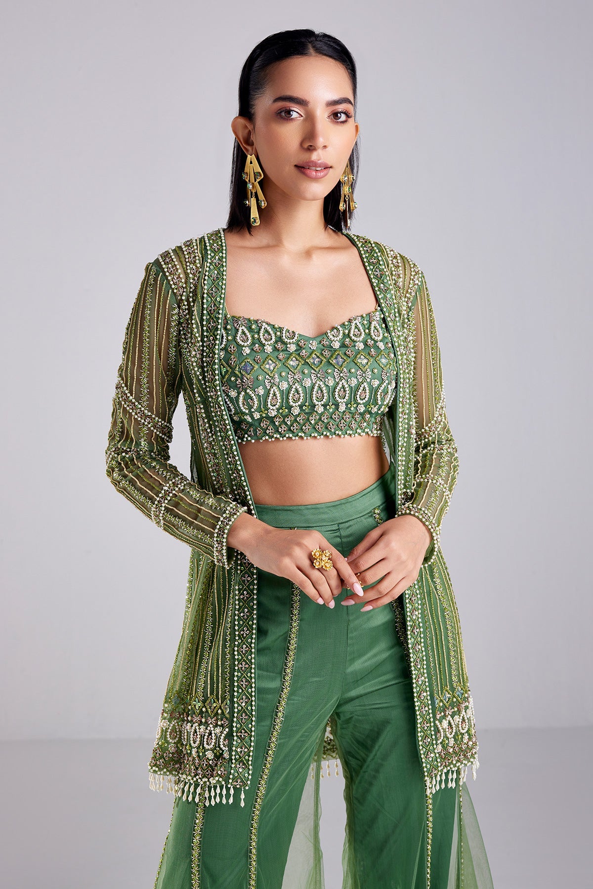 Sage Green Embroidered Jacket Set - RTS
