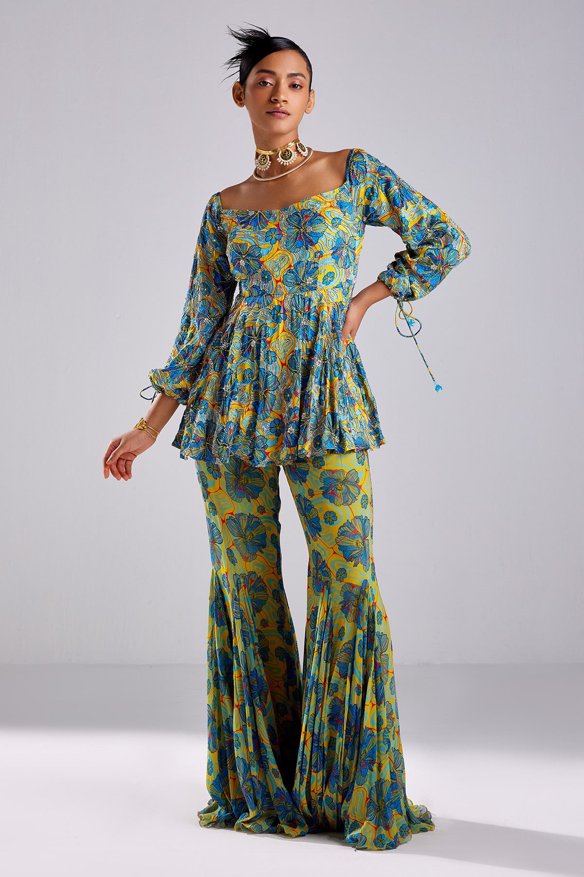 Blue Print & Embroidered Peplum Set