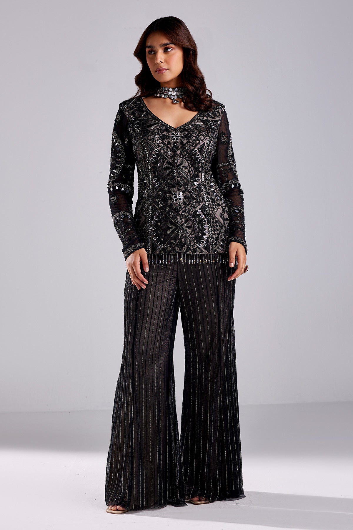 Black Embroidered Peplum Set - RTS