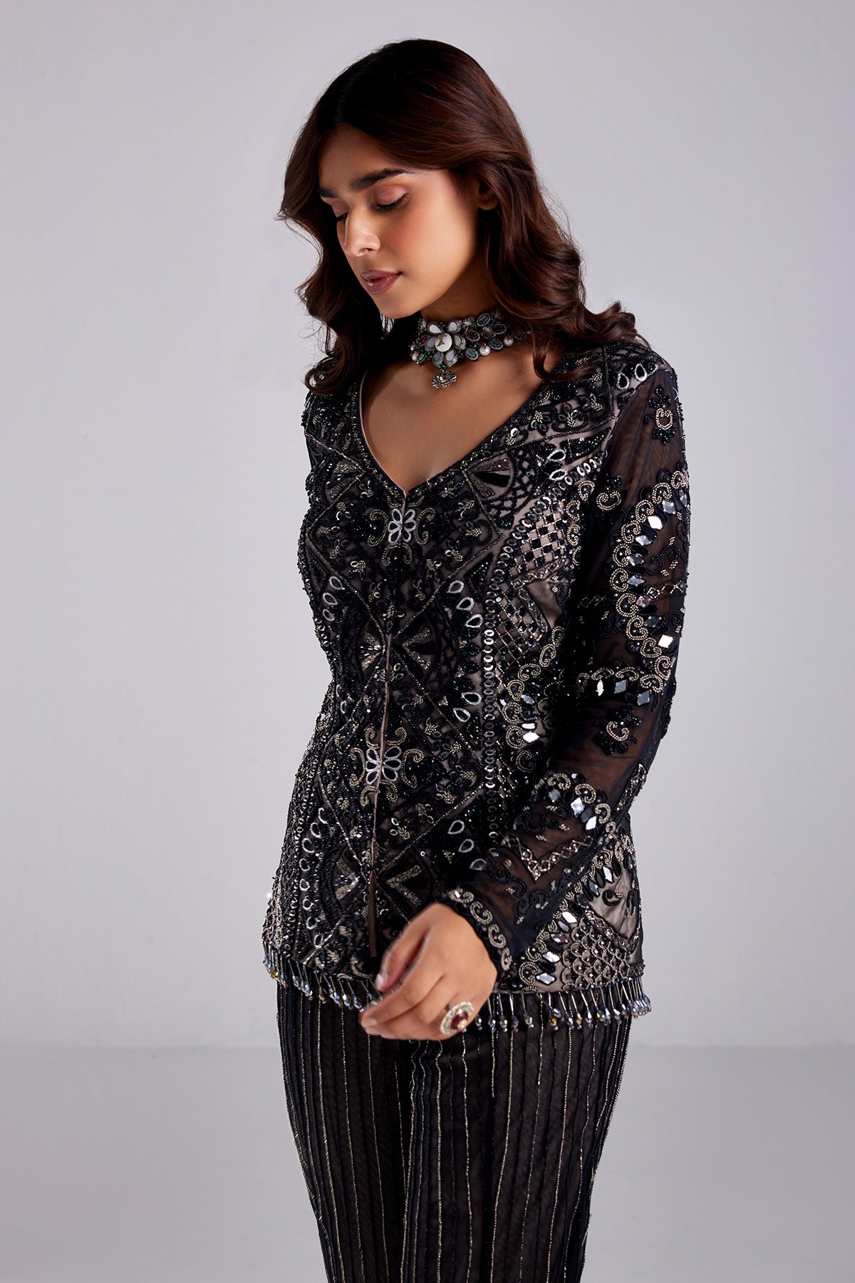 Black Embroidered Peplum Set - RTS
