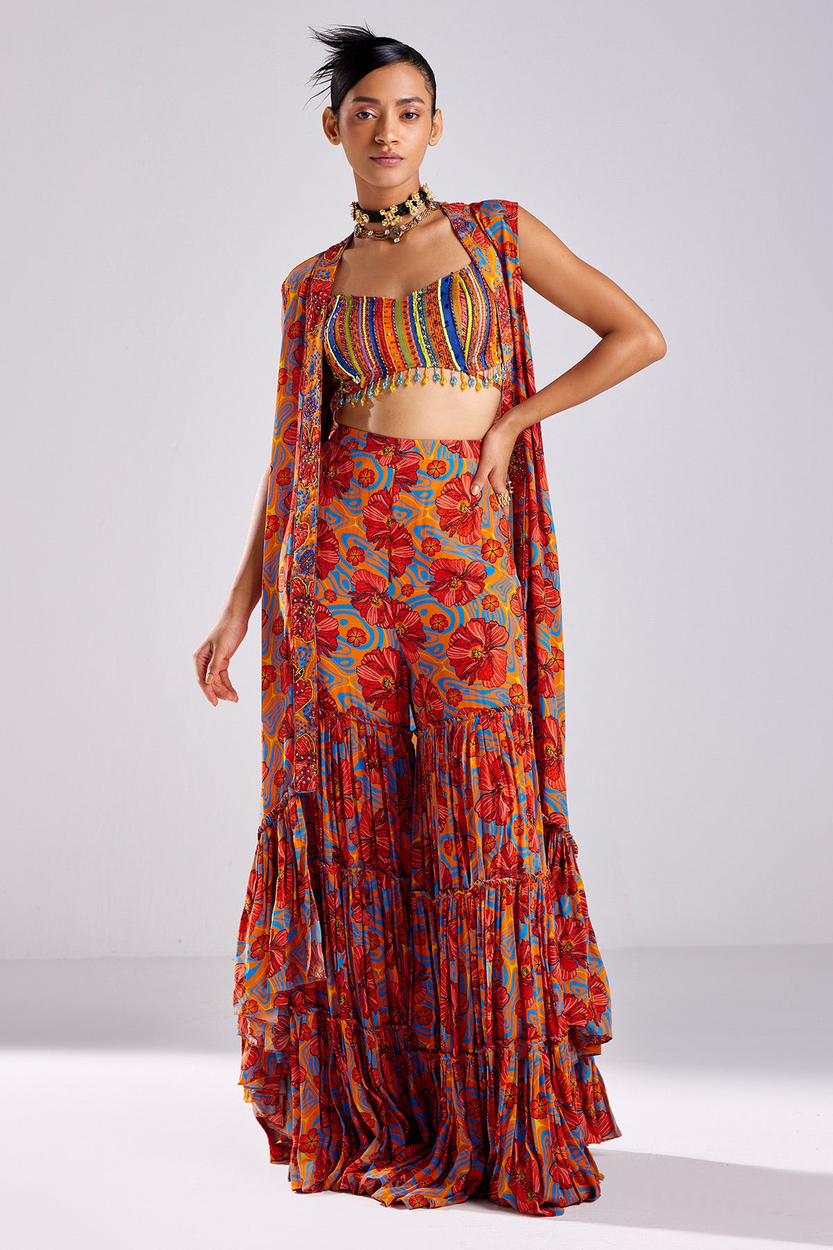 Rust Stripe Print & Embroidered Cape Set