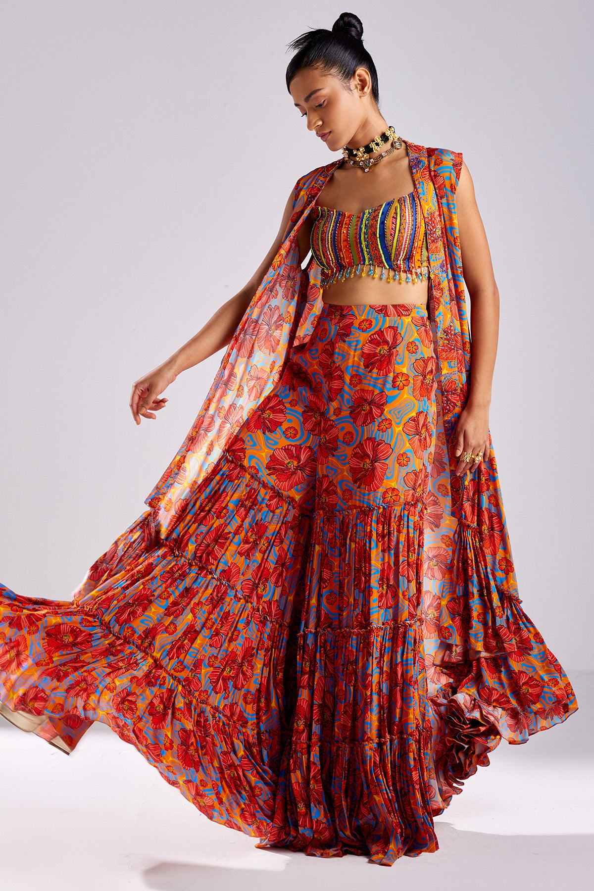 Rust Stripe Print & Embroidered Cape Set