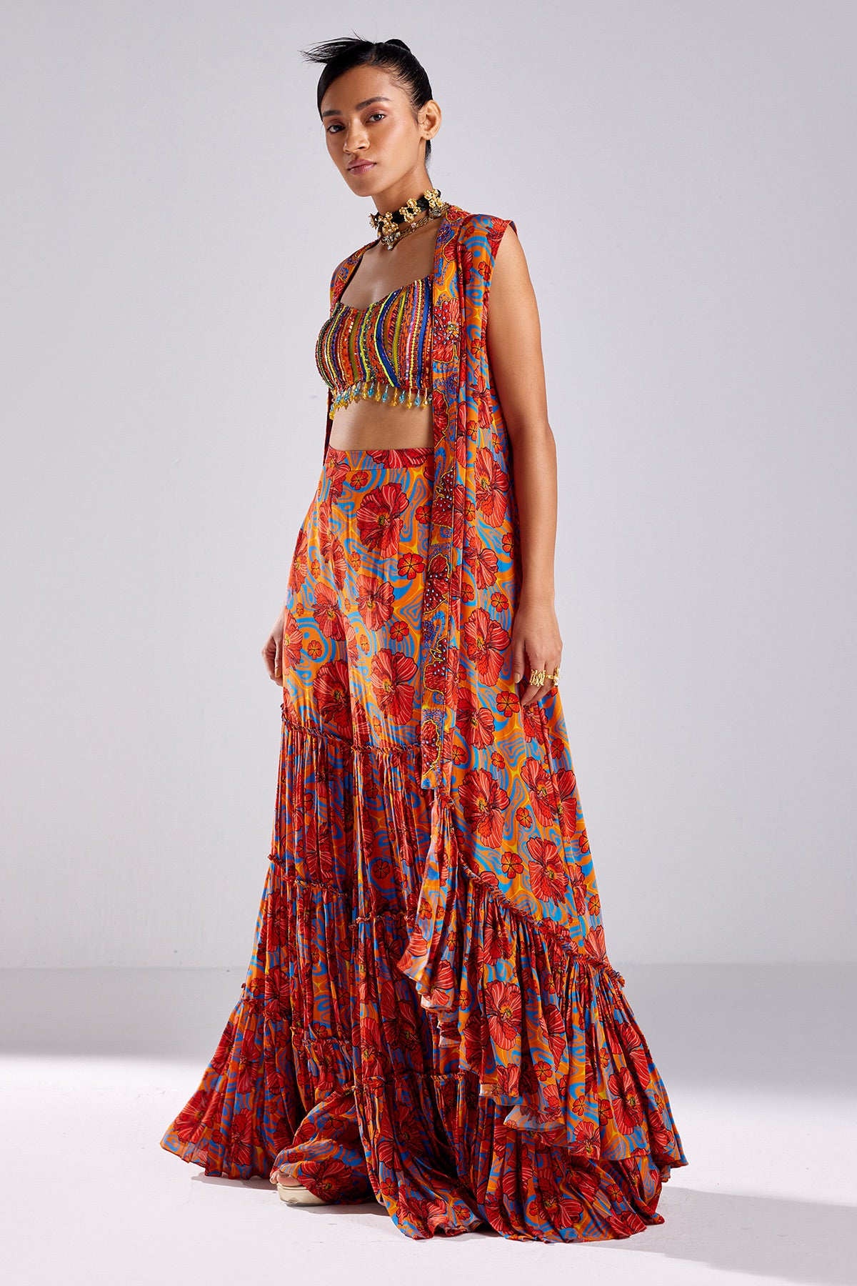 Rust Stripe Print & Embroidered Cape Set