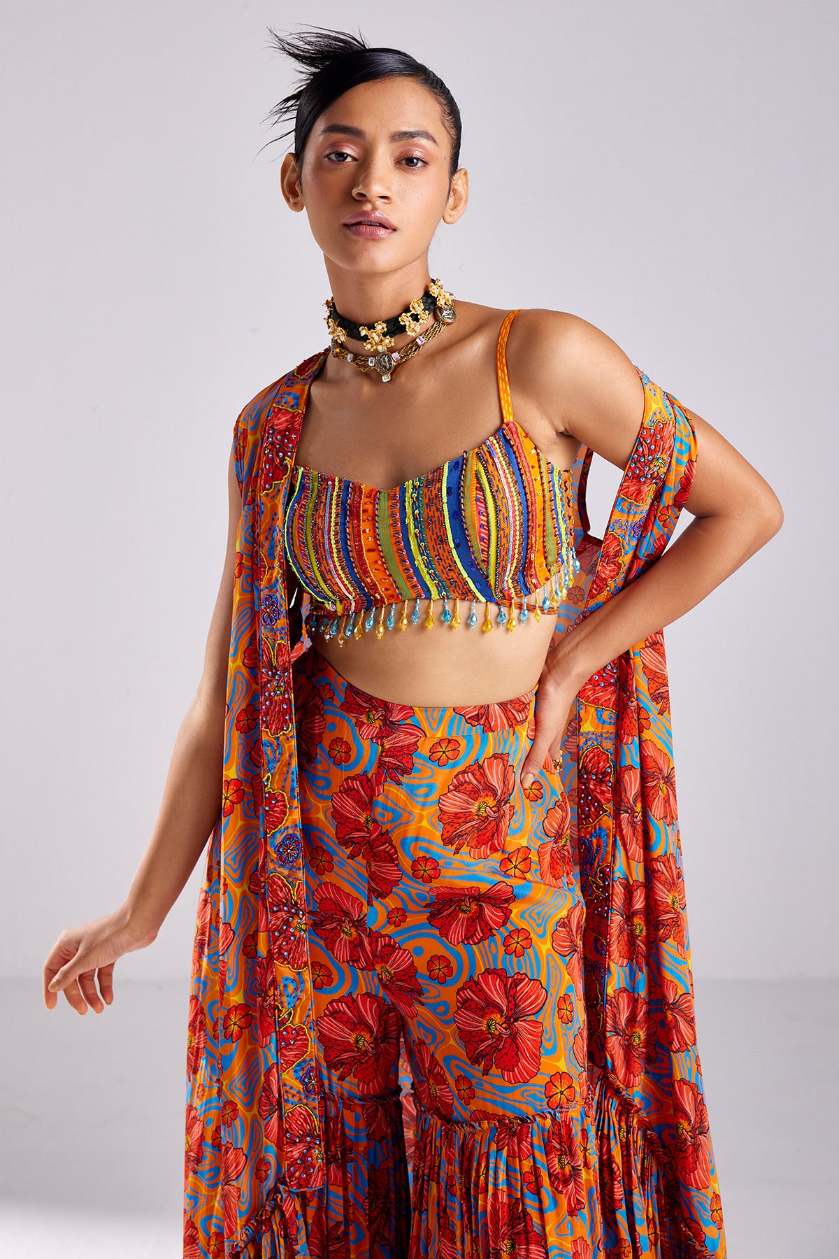 Rust Stripe Print & Embroidered Cape Set