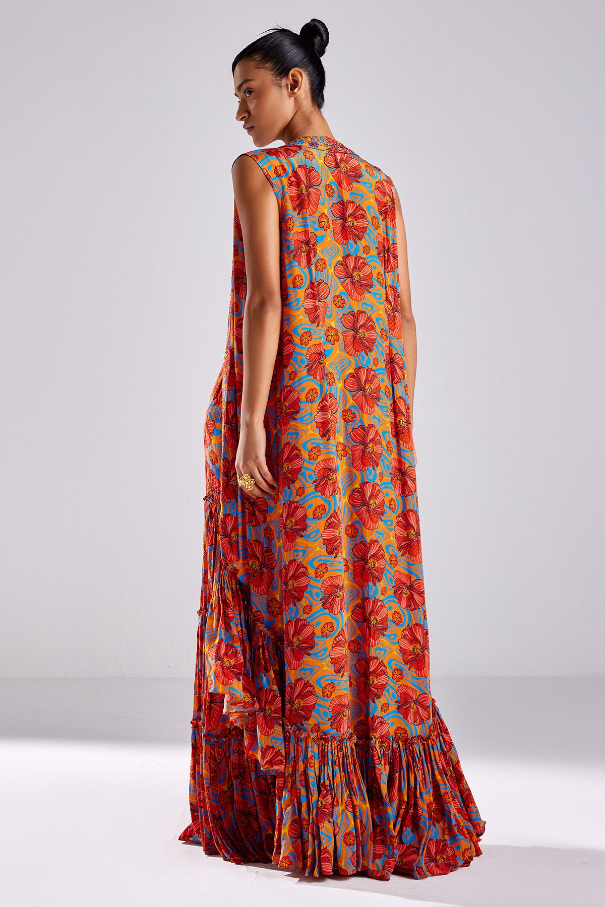 Rust Stripe Print & Embroidered Cape Set