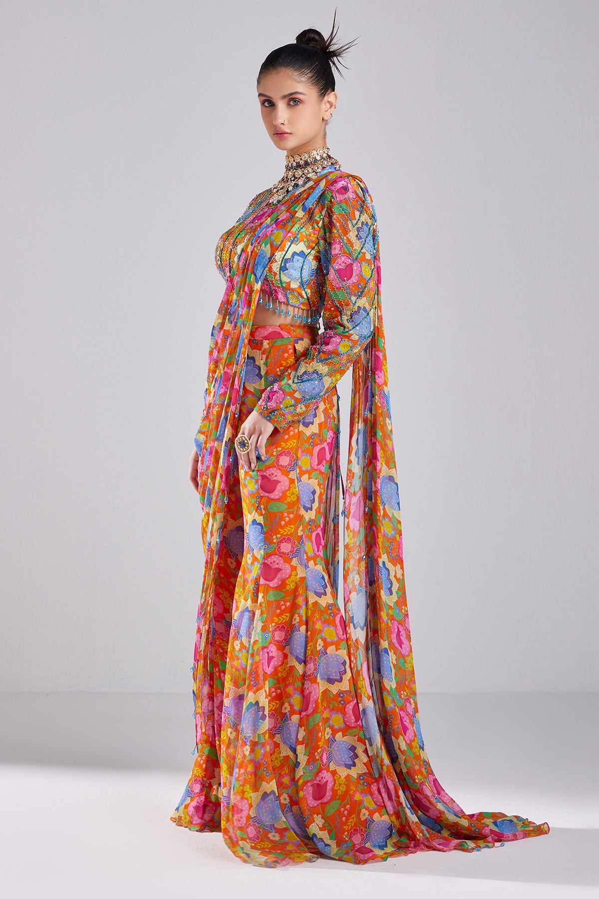 Rust Print & Embroidered Saree Set