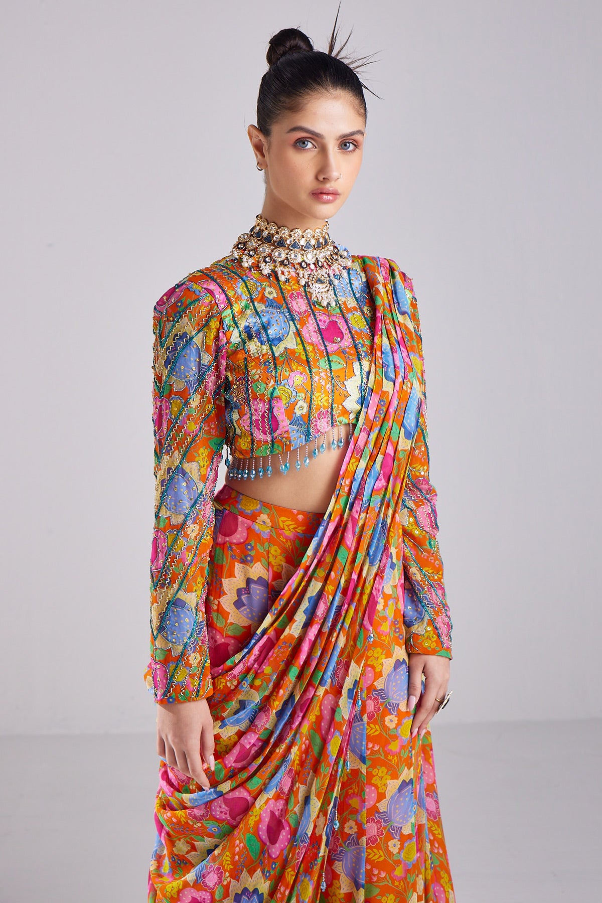 Rust Print & Embroidered Saree Set