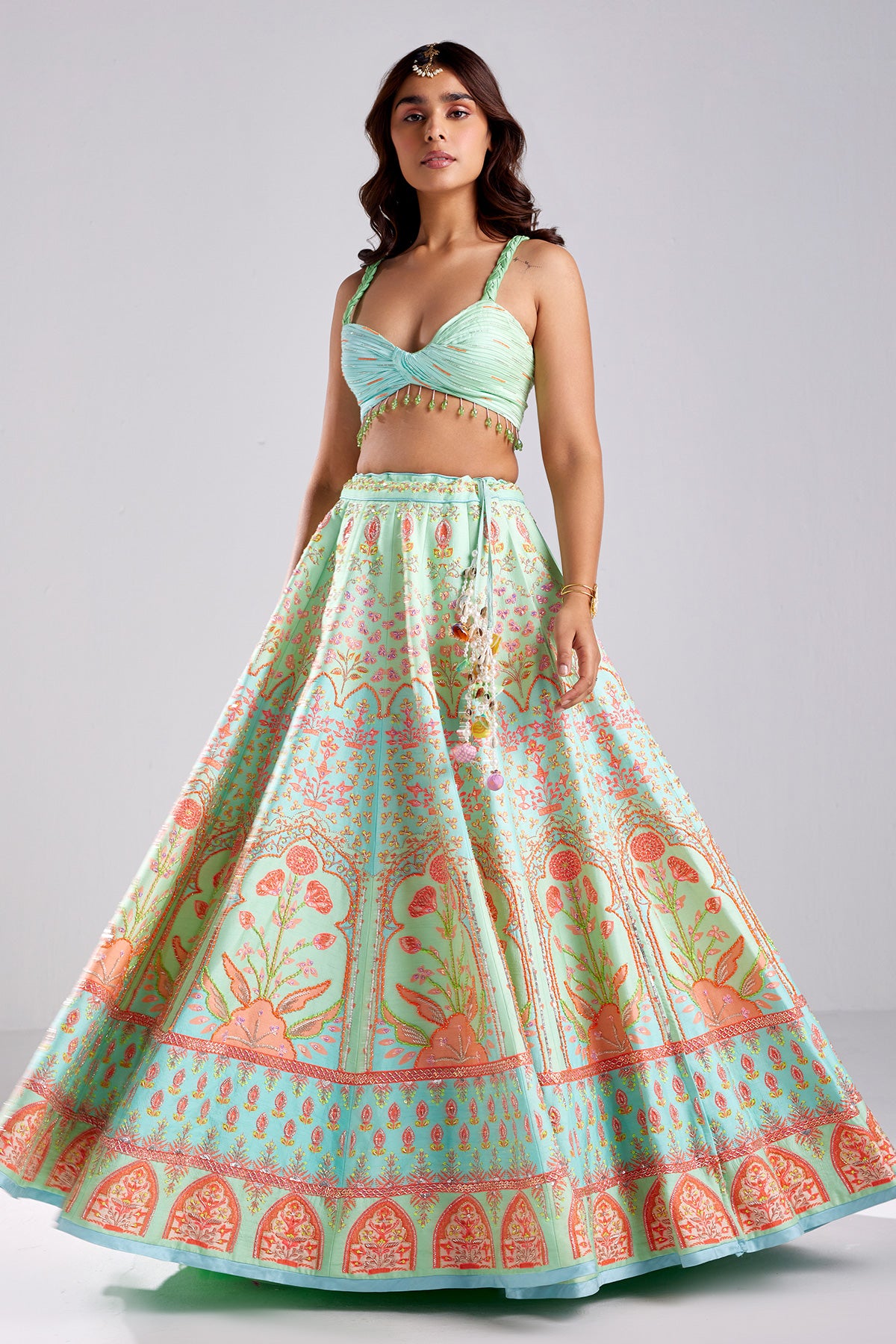 Seagreen Floral Print & Embroidered Lehenga Set
