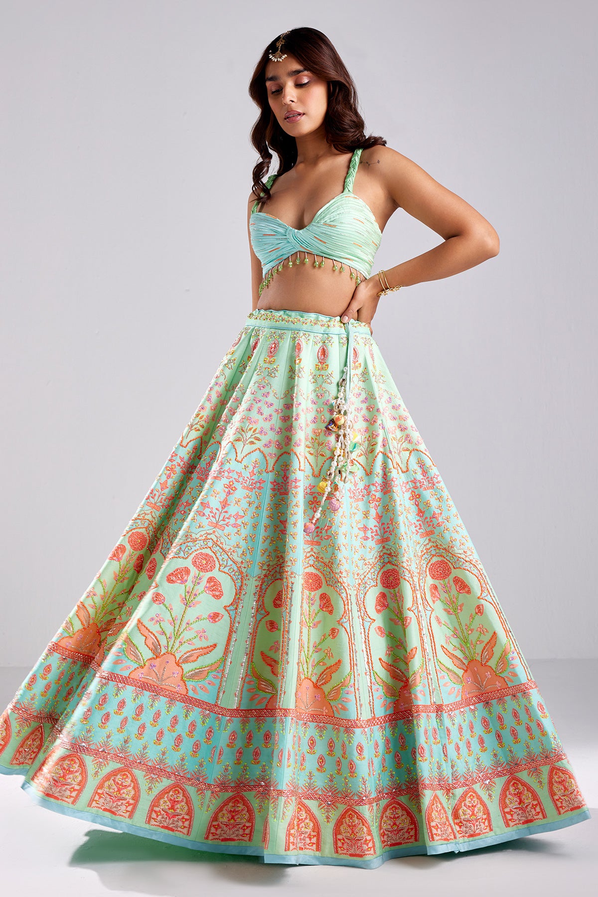 Seagreen Floral Print & Embroidered Lehenga Set