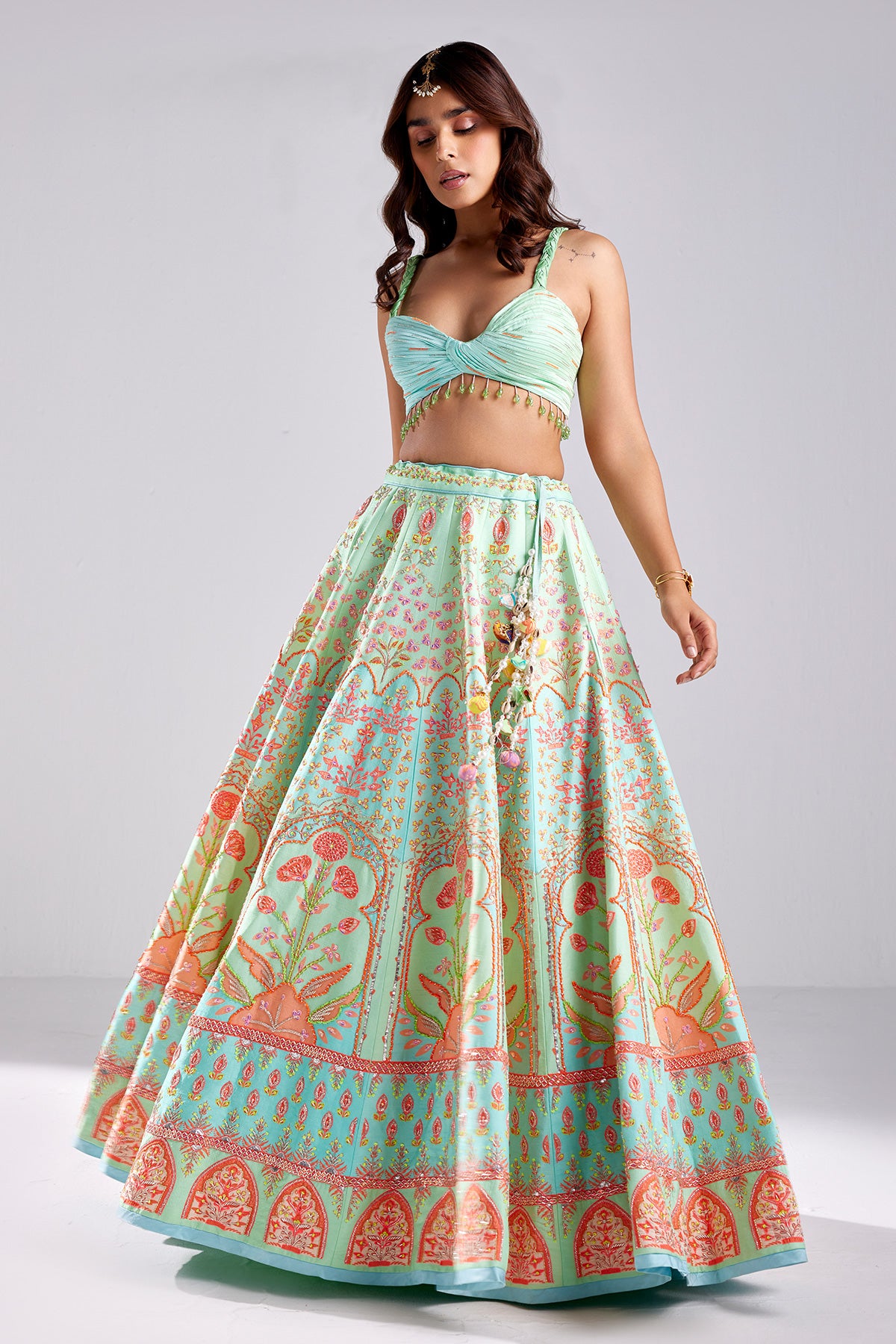 Seagreen Floral Print & Embroidered Lehenga Set